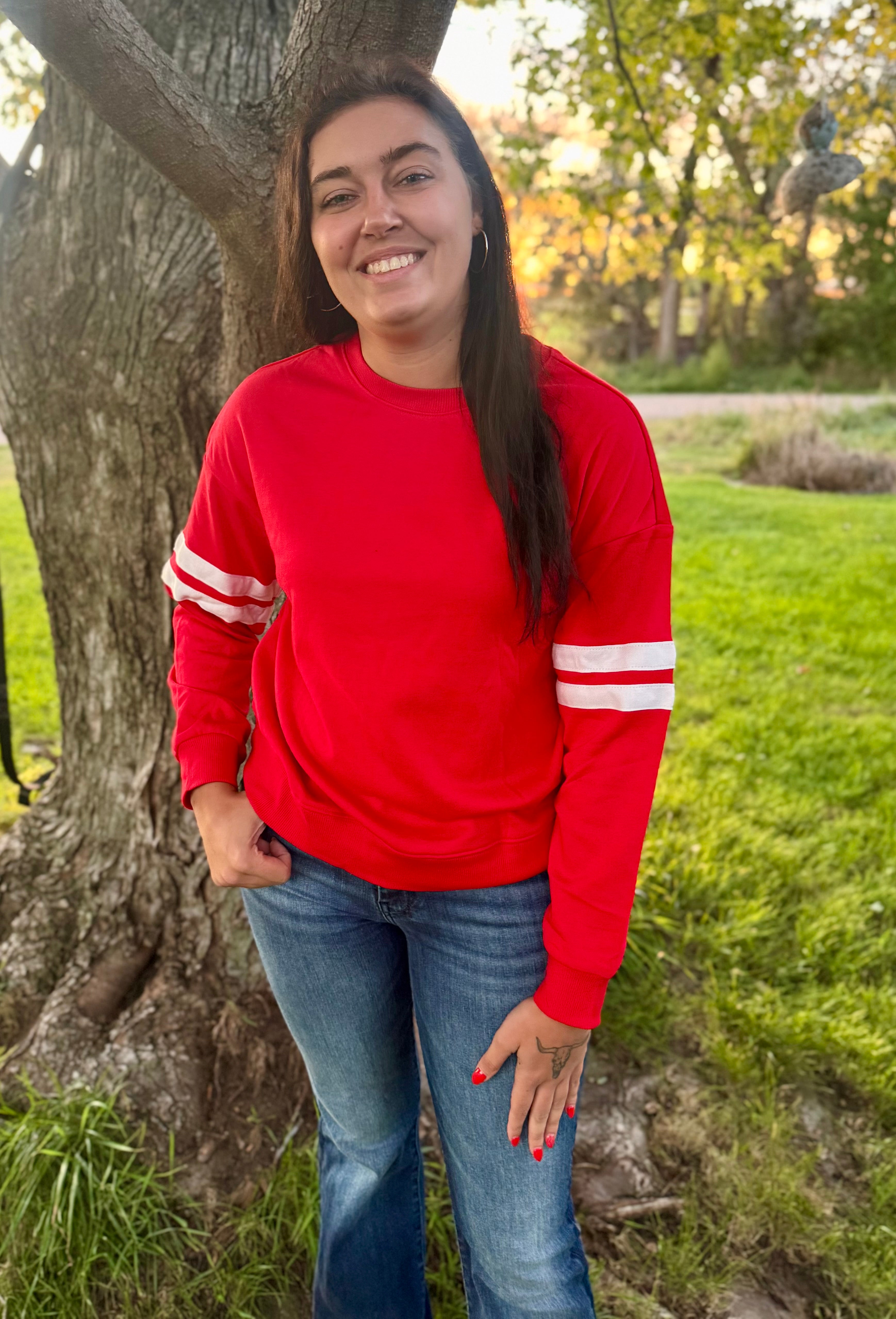 Fiery Red Striped Sleeve Long Sleeve Sweater