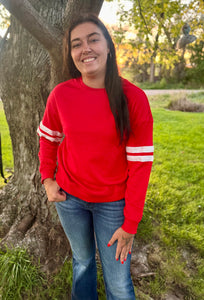 Fiery Red Striped Sleeve Long Sleeve Sweater