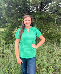 Textured Green Puff Sleeve V Neck