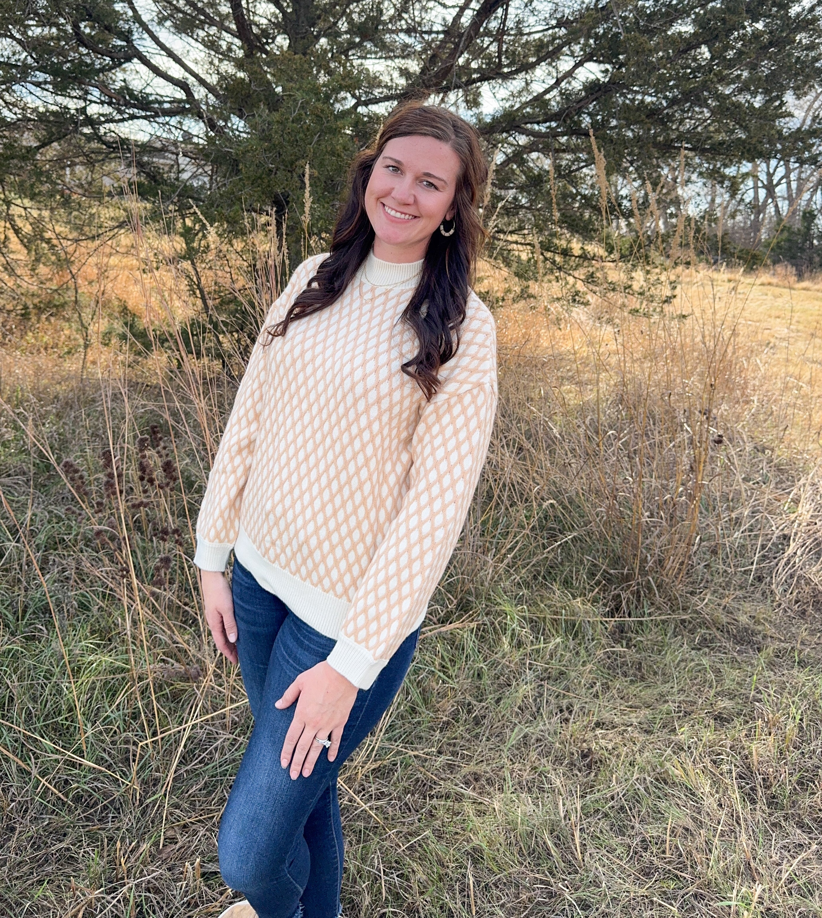 Checkered Textured Knit Mock Neck Sweater