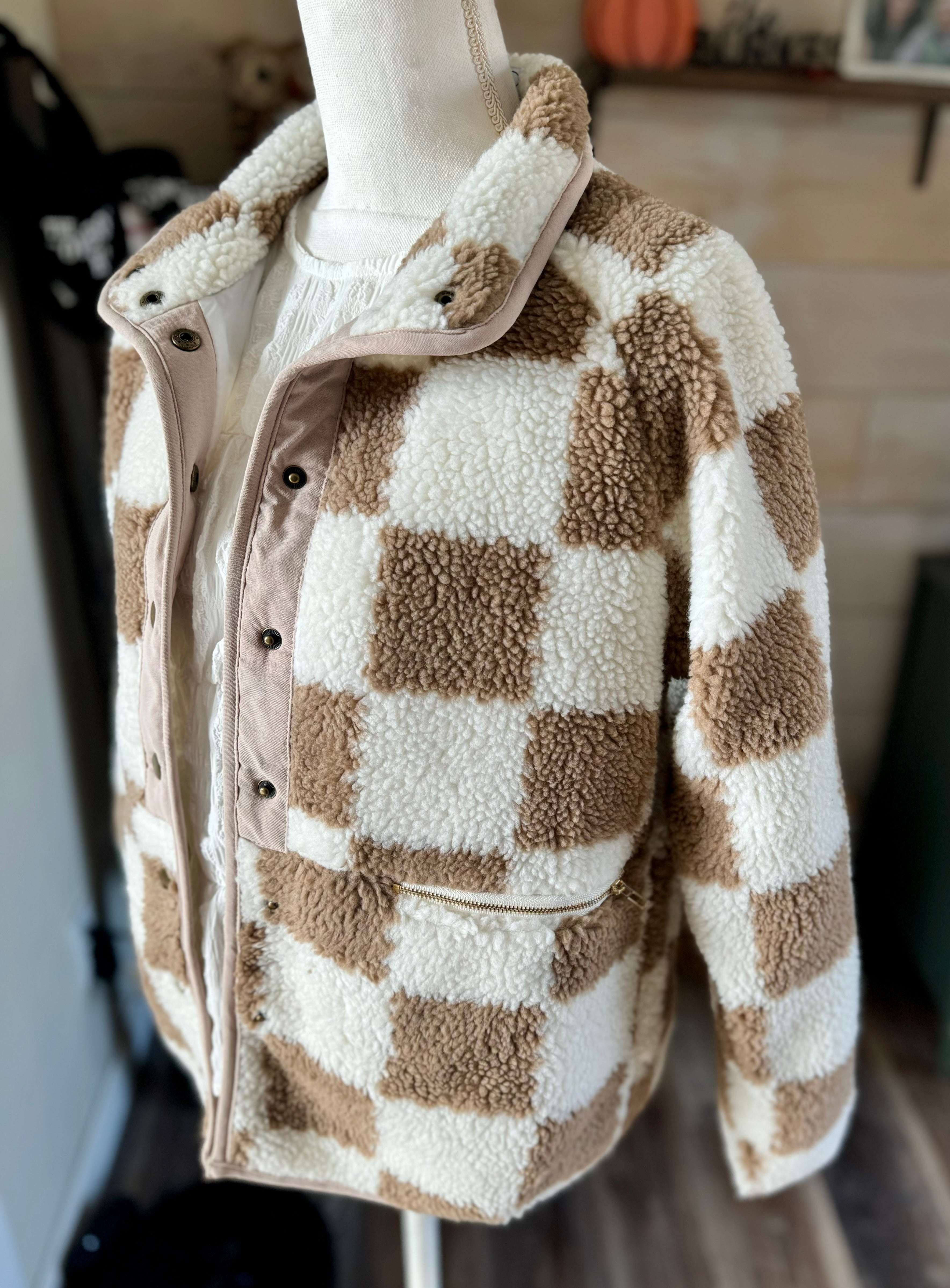 Brown Checkered Snap Button Sherpa Jacket