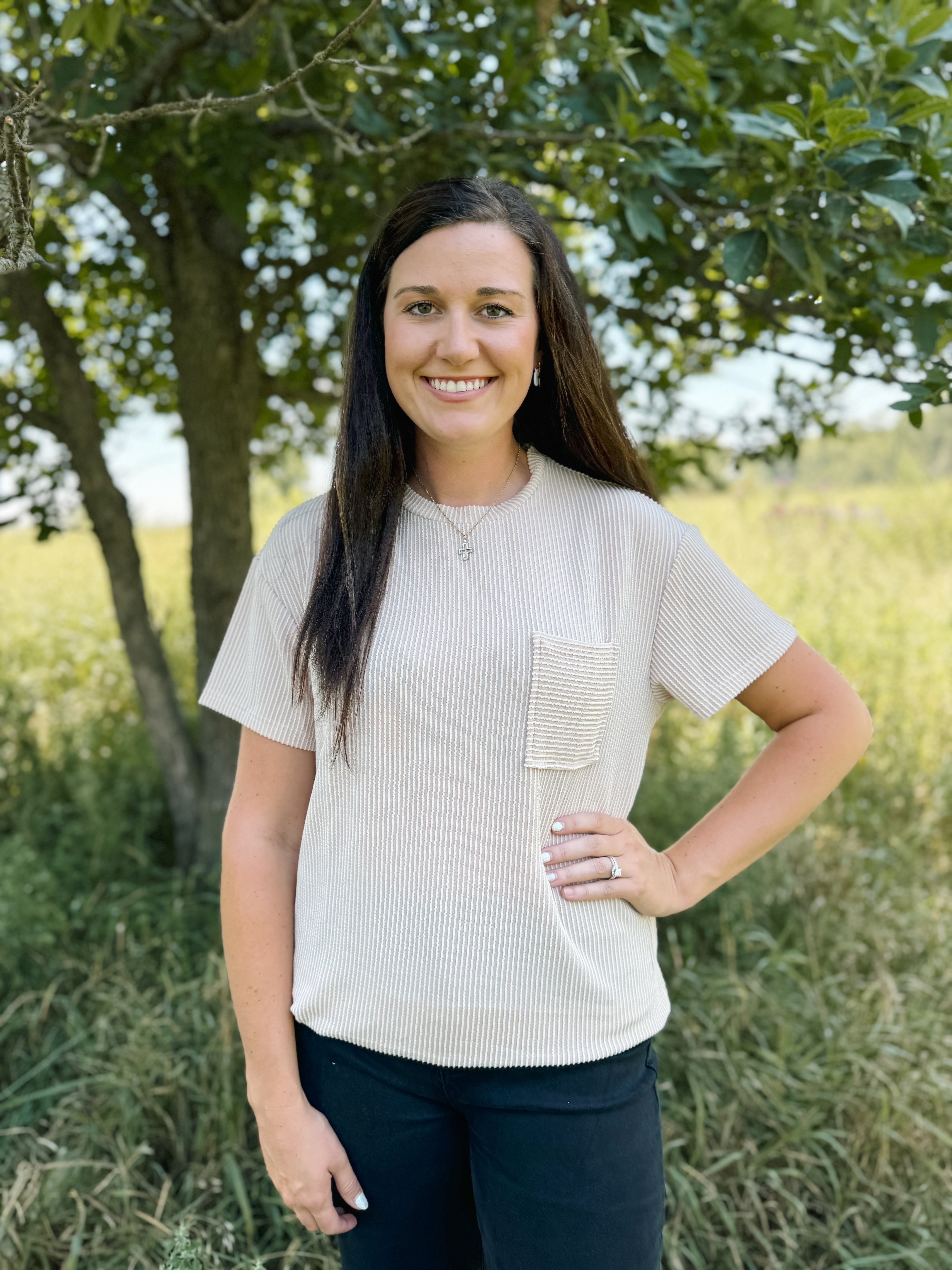 Beige Crinkle Rib Knit Pocket Tee