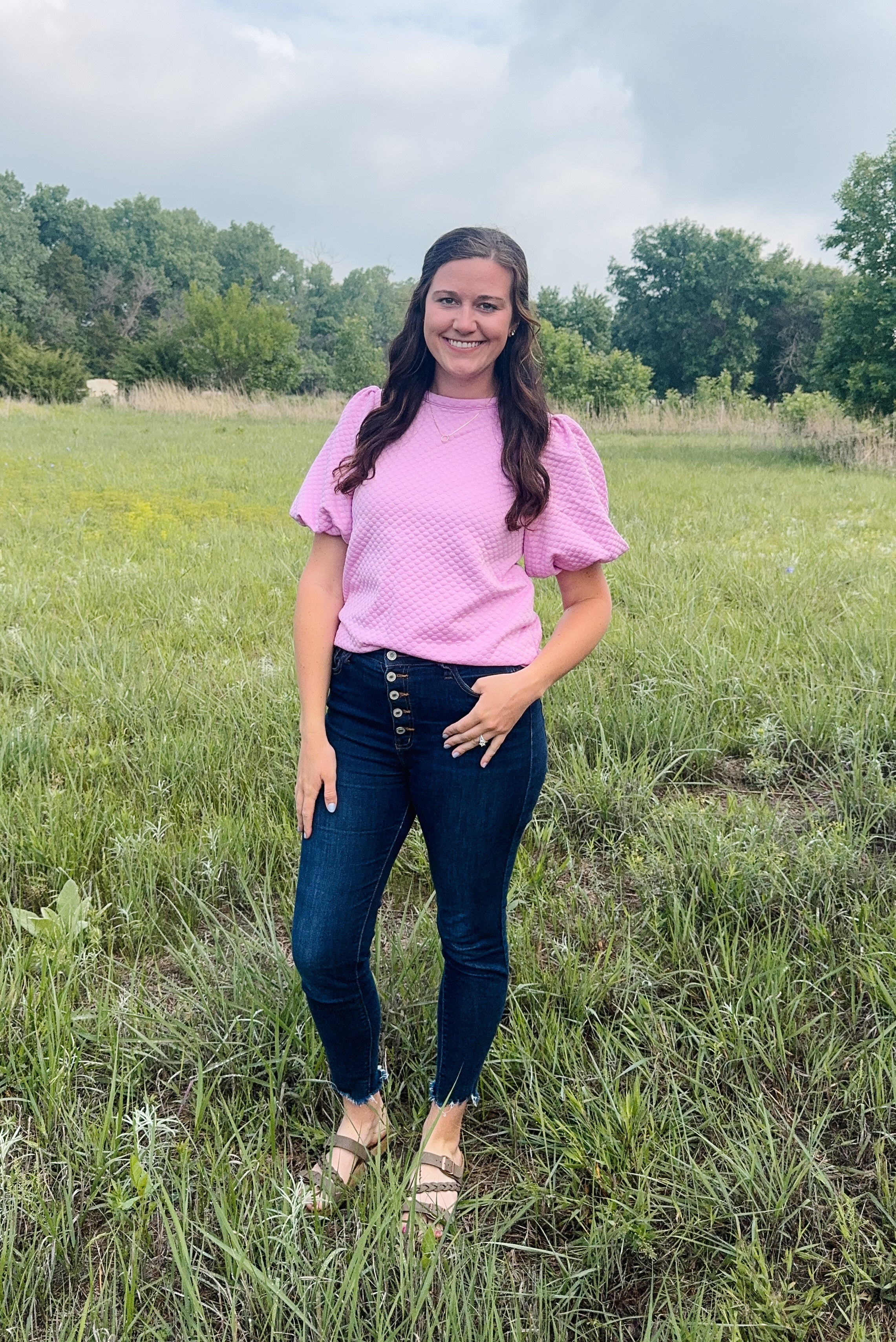 Purple Solid Textured Puff Sleeve Top