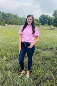 Purple Solid Textured Puff Sleeve Top
