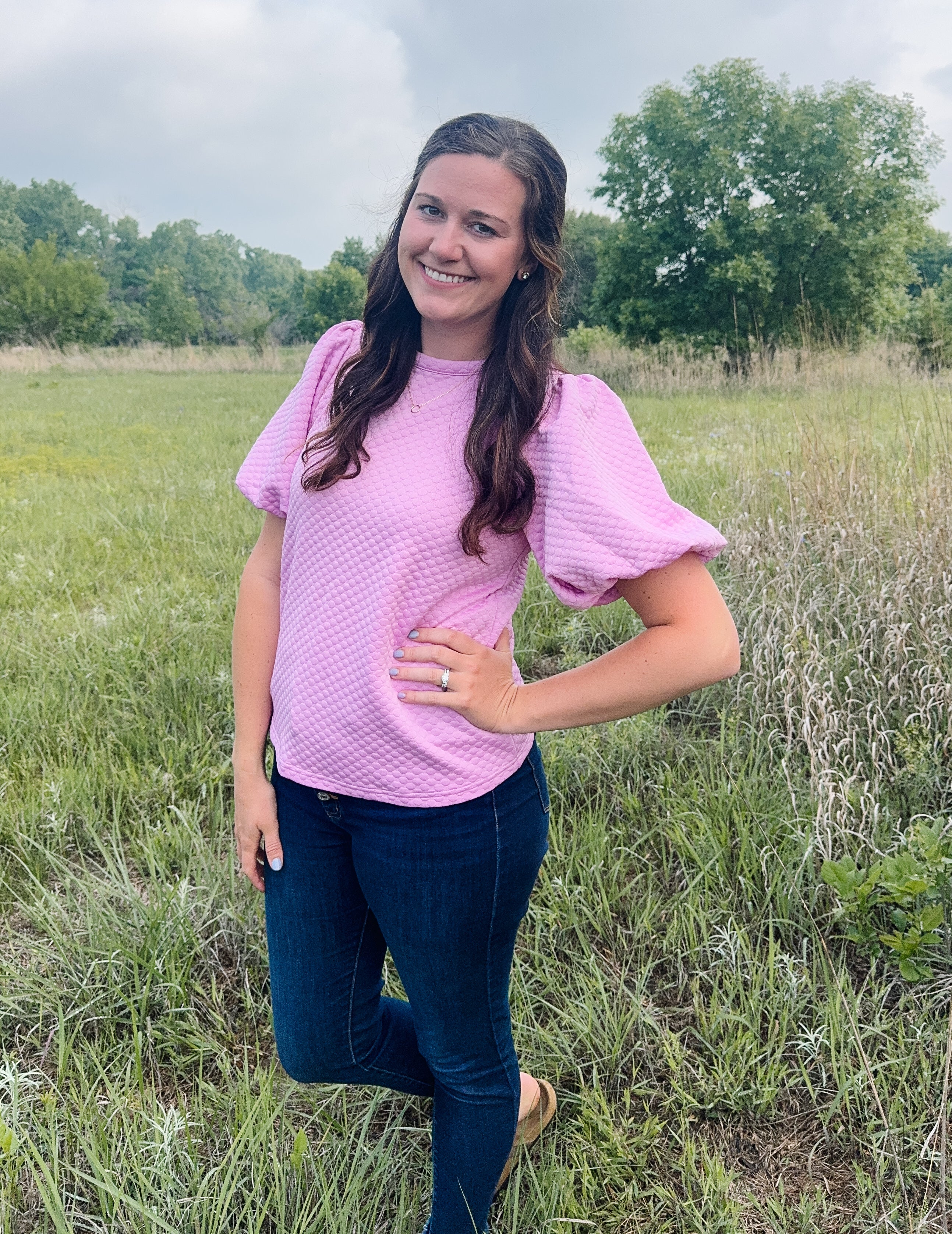 Purple Solid Textured Puff Sleeve Top
