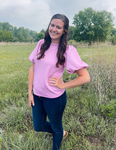 Purple Solid Textured Puff Sleeve Top