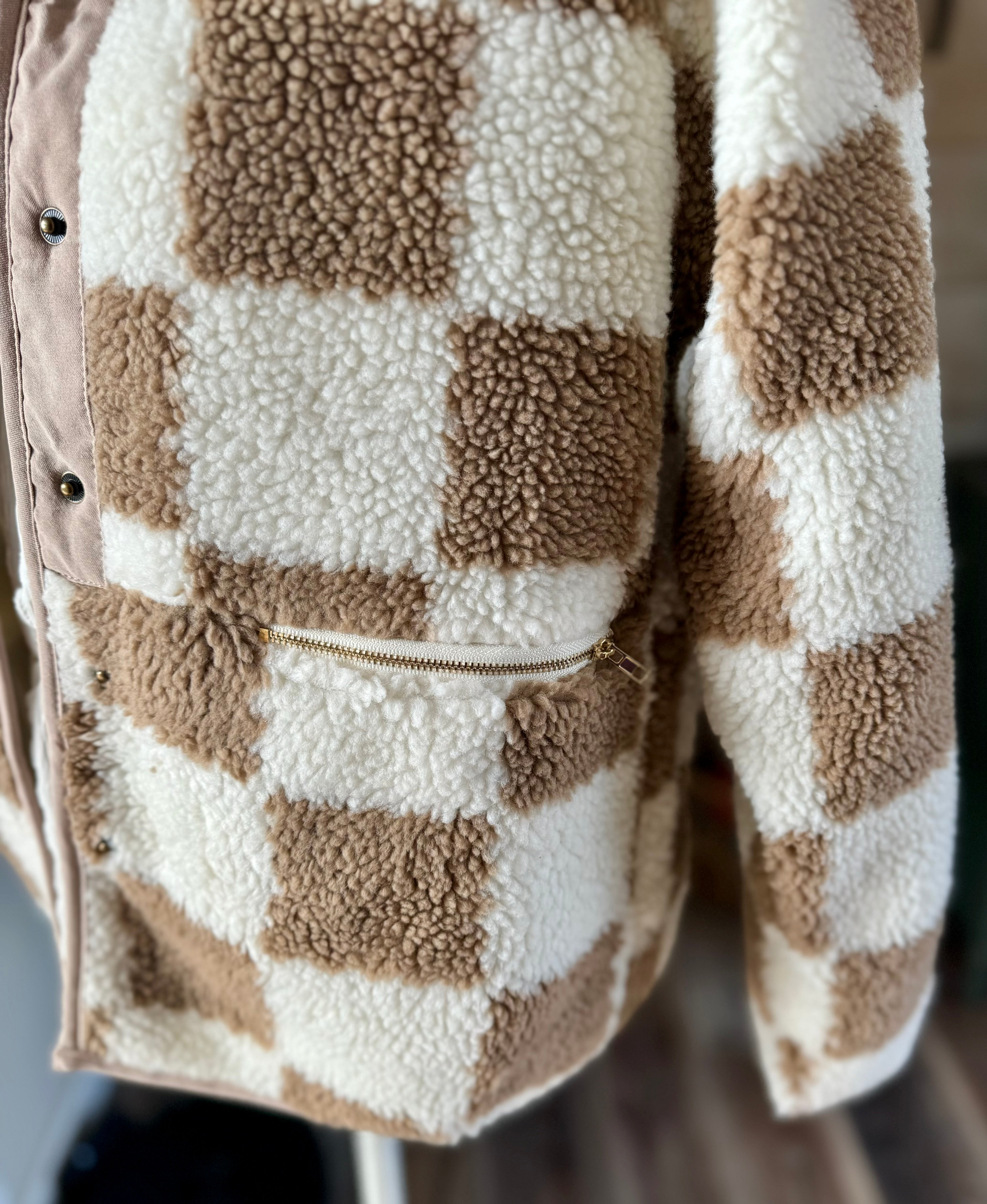 Brown Checkered Snap Button Sherpa Jacket