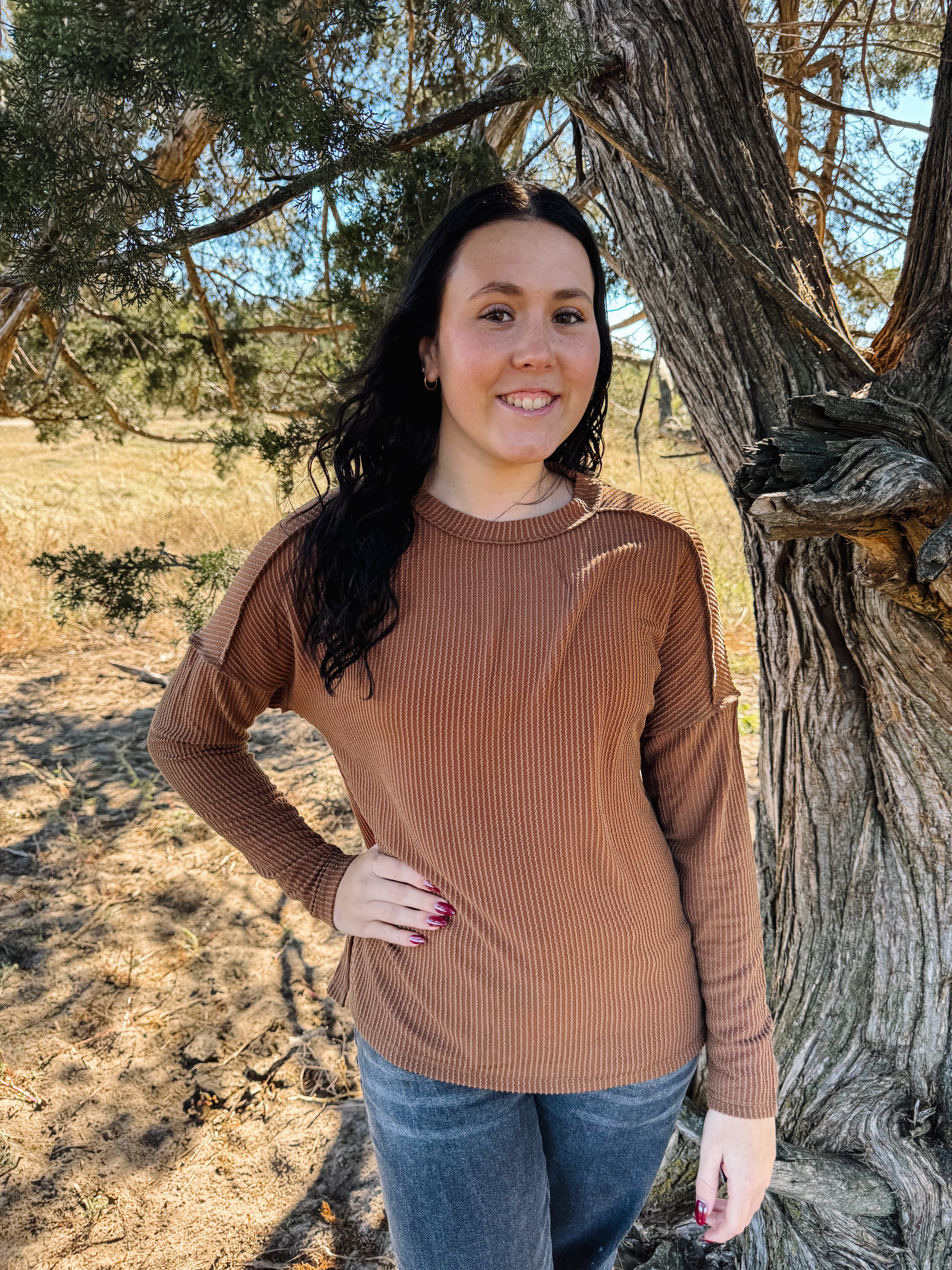 Dark Khaki Textured Ribbed Long Sleeve Top