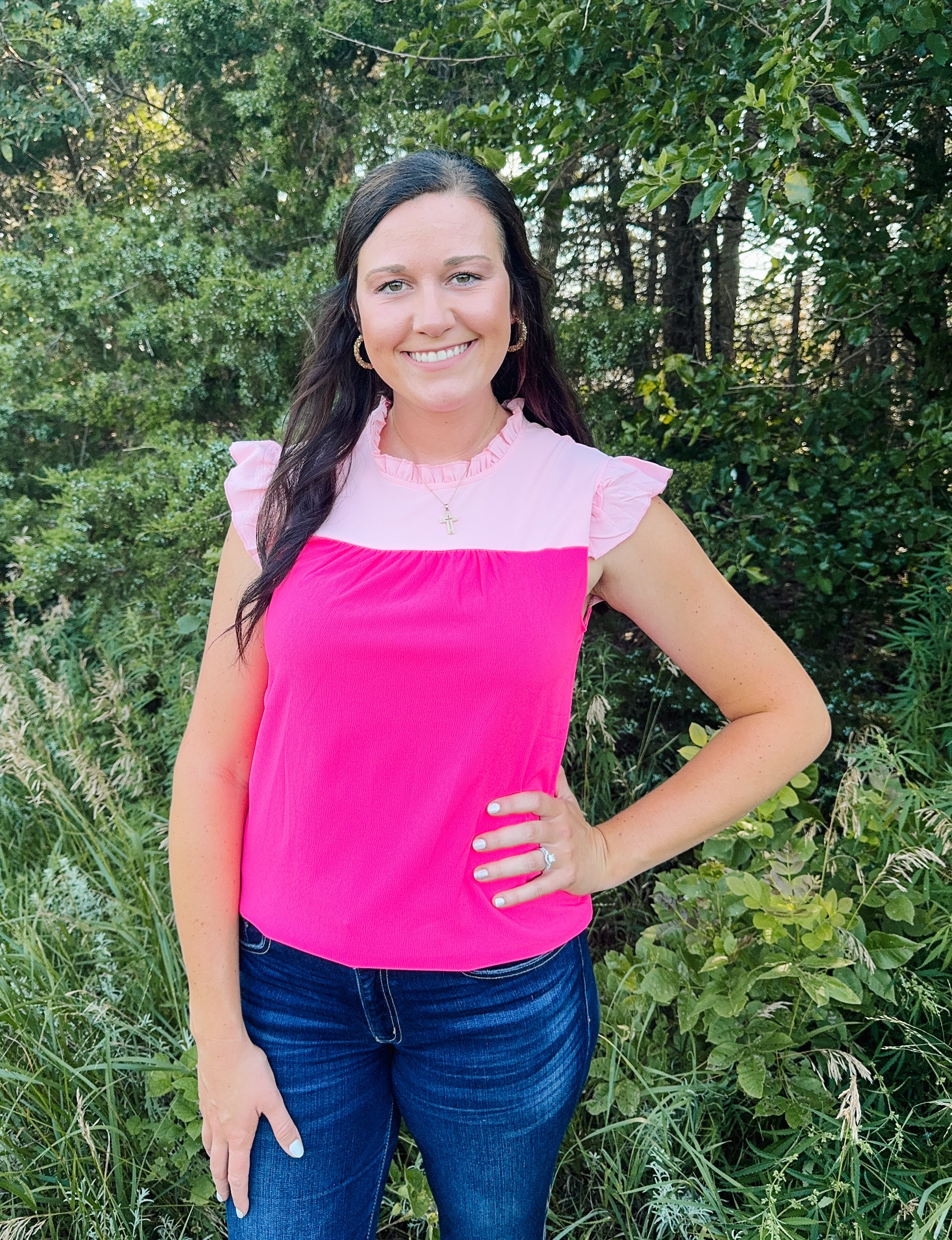 Pink Two Tone Ruffle Sleeve Blouse