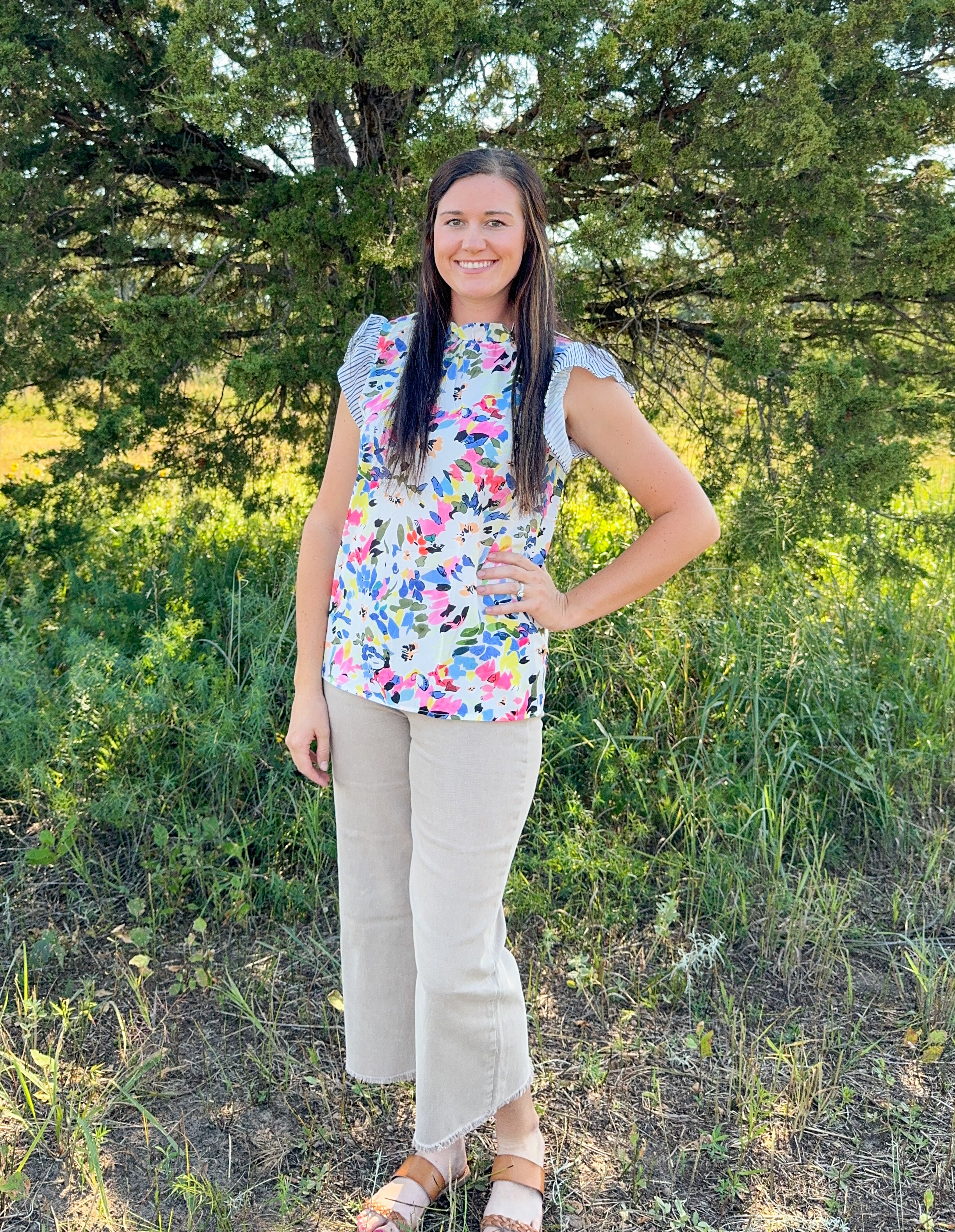 Lt Blue Floral Print Ruffle Sleeve Top