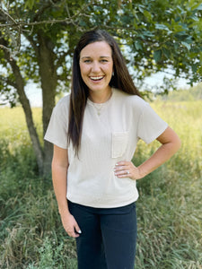 Beige Crinkle Rib Knit Pocket Tee