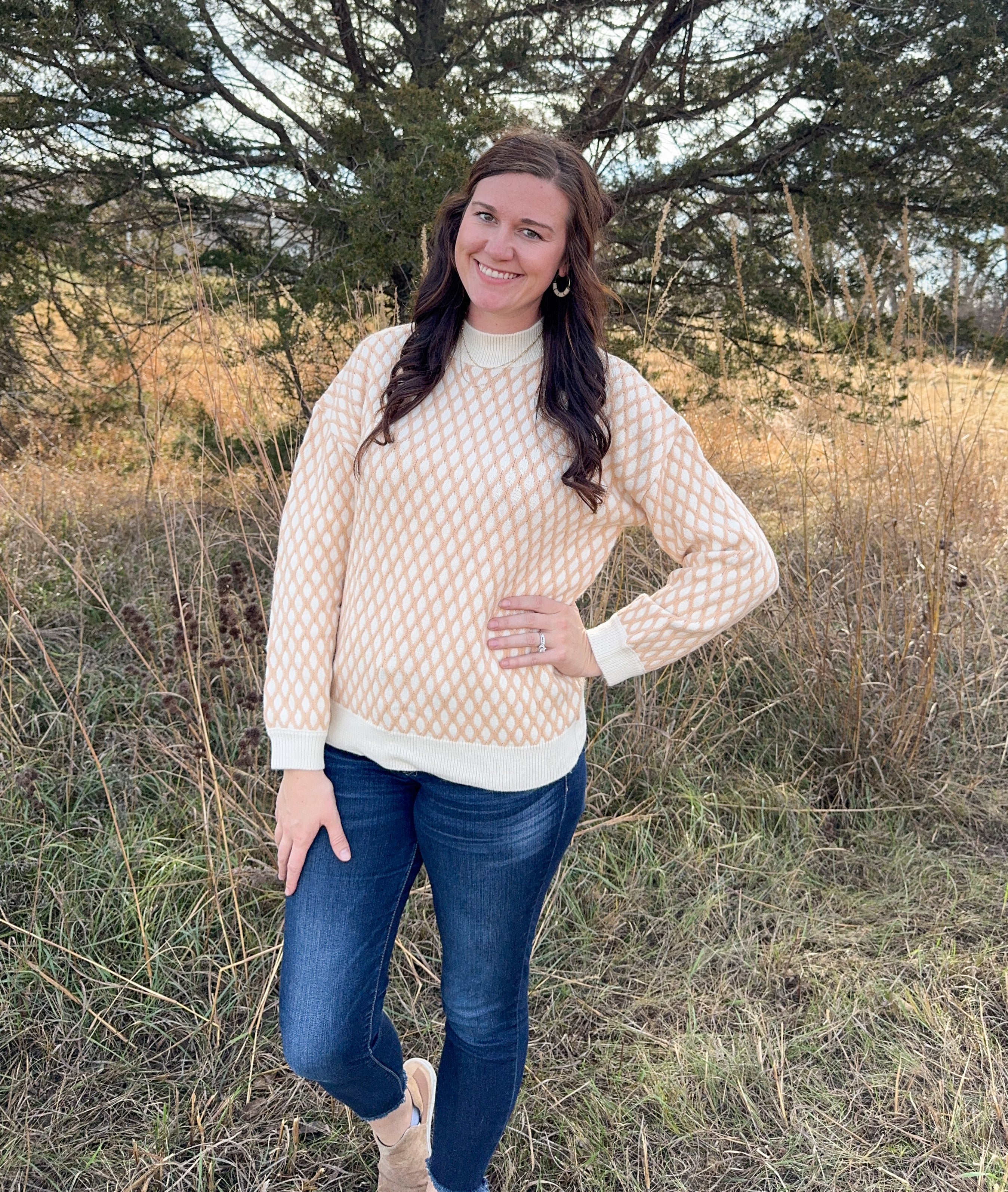 Checkered Textured Knit Mock Neck Sweater