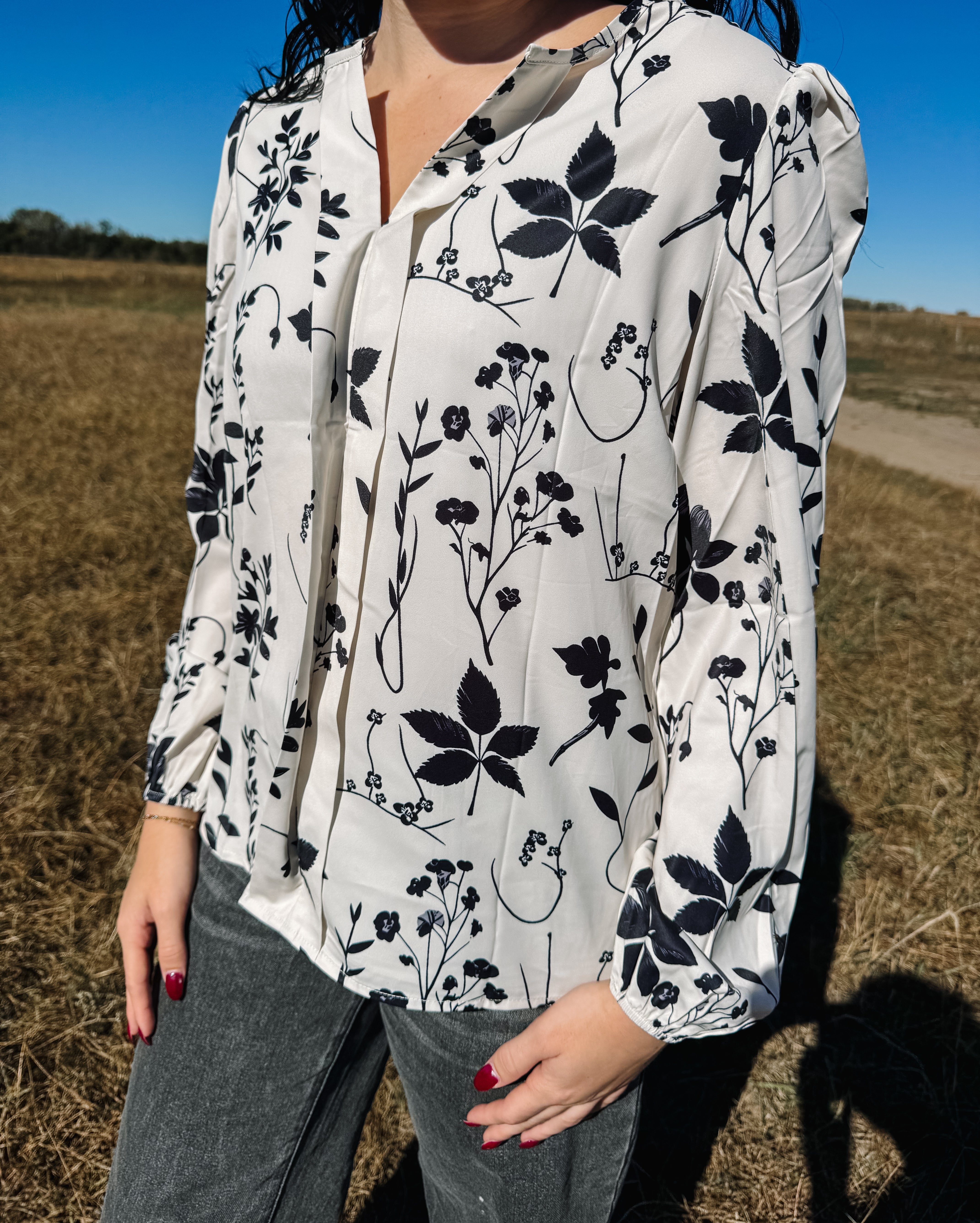 Khaki & Black Floral Print Split V Neck Blouse