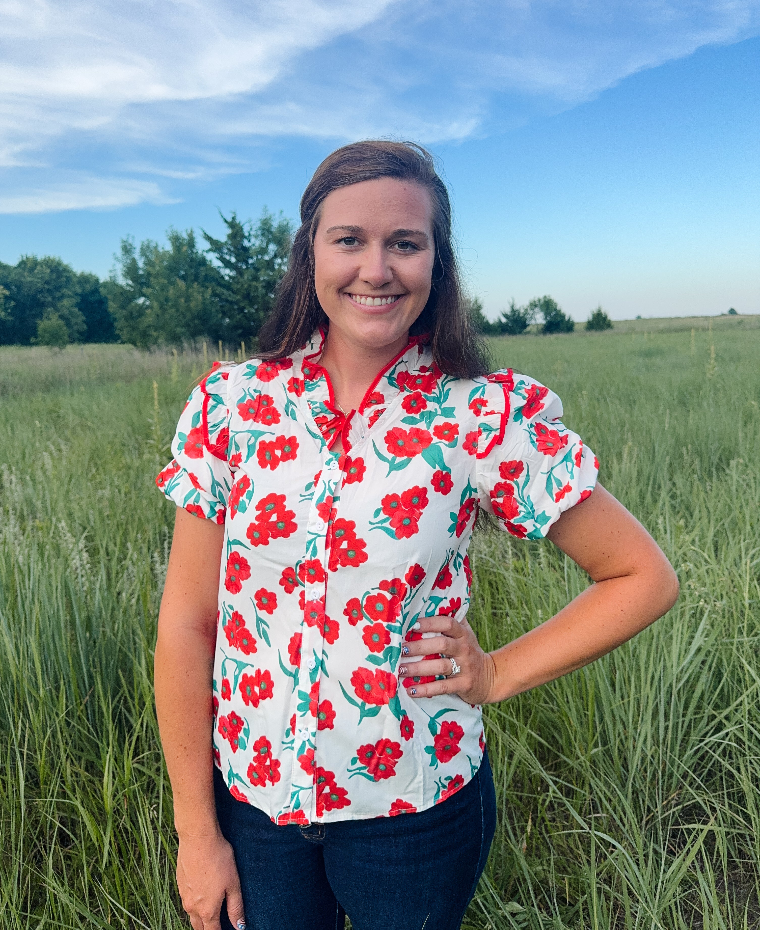 Red Floral Print Puff Sleeve Top
