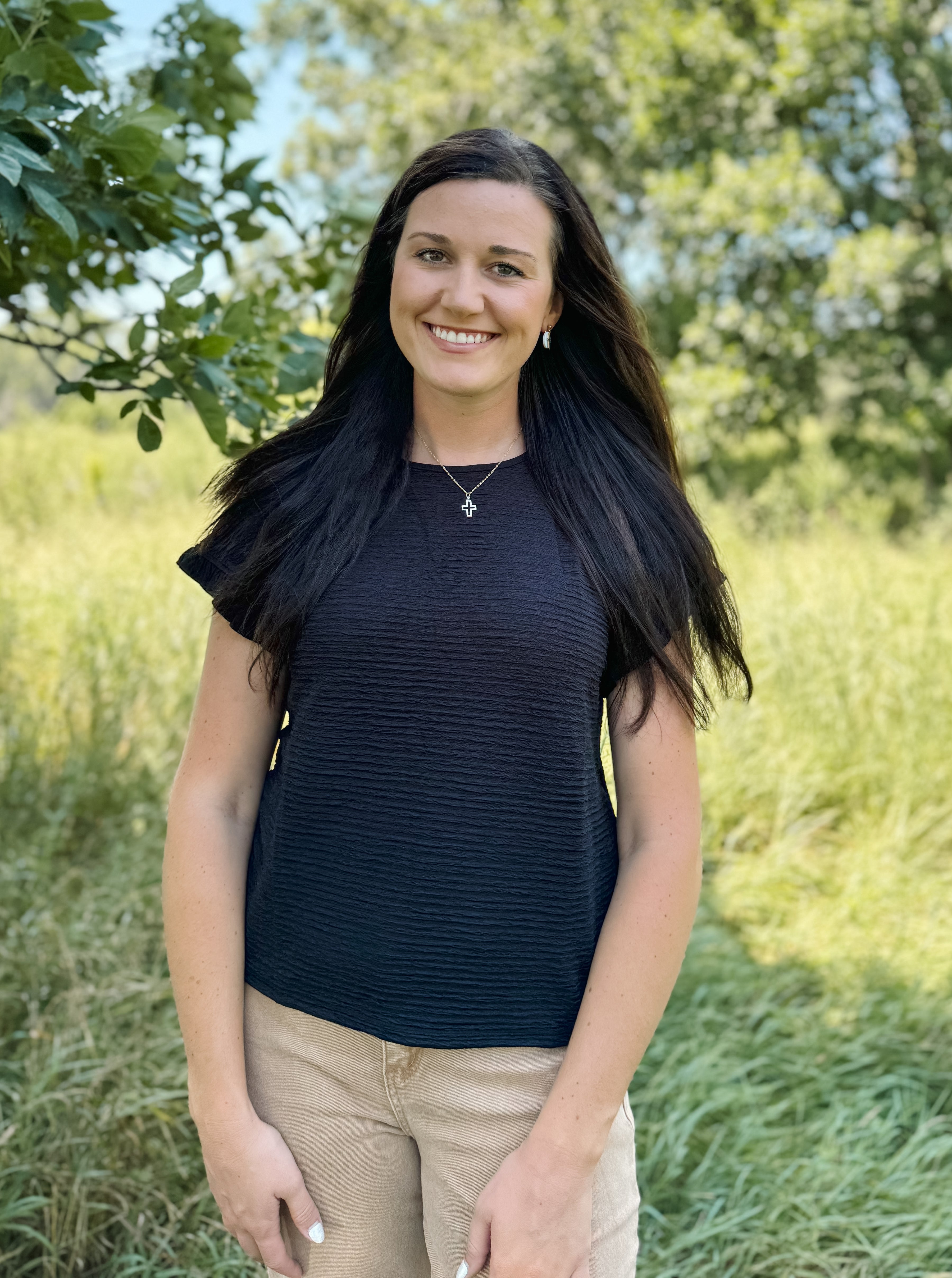 Black Solid Textured Short Sleeve Top