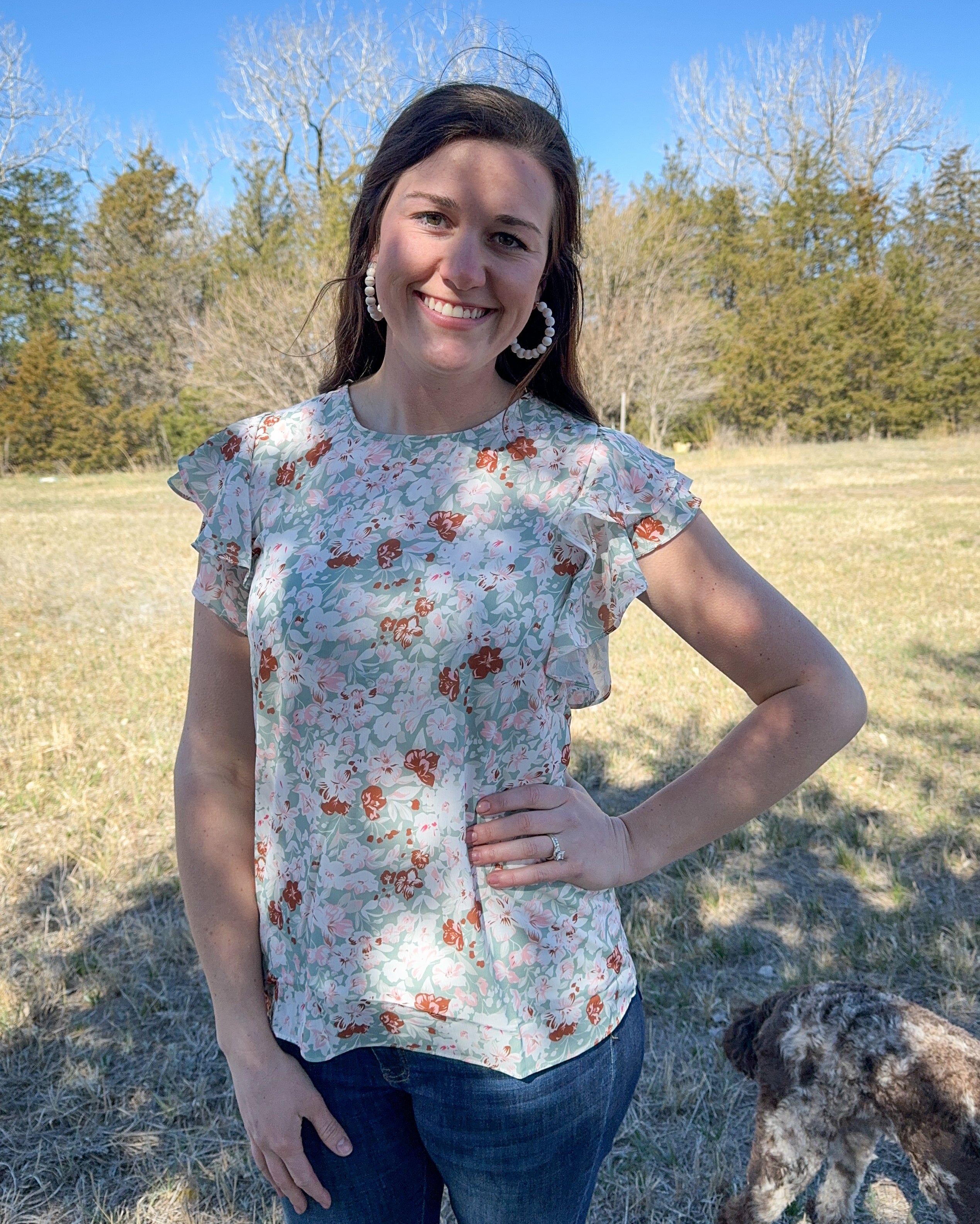 Pastel Green floral print ruffle sleeve top