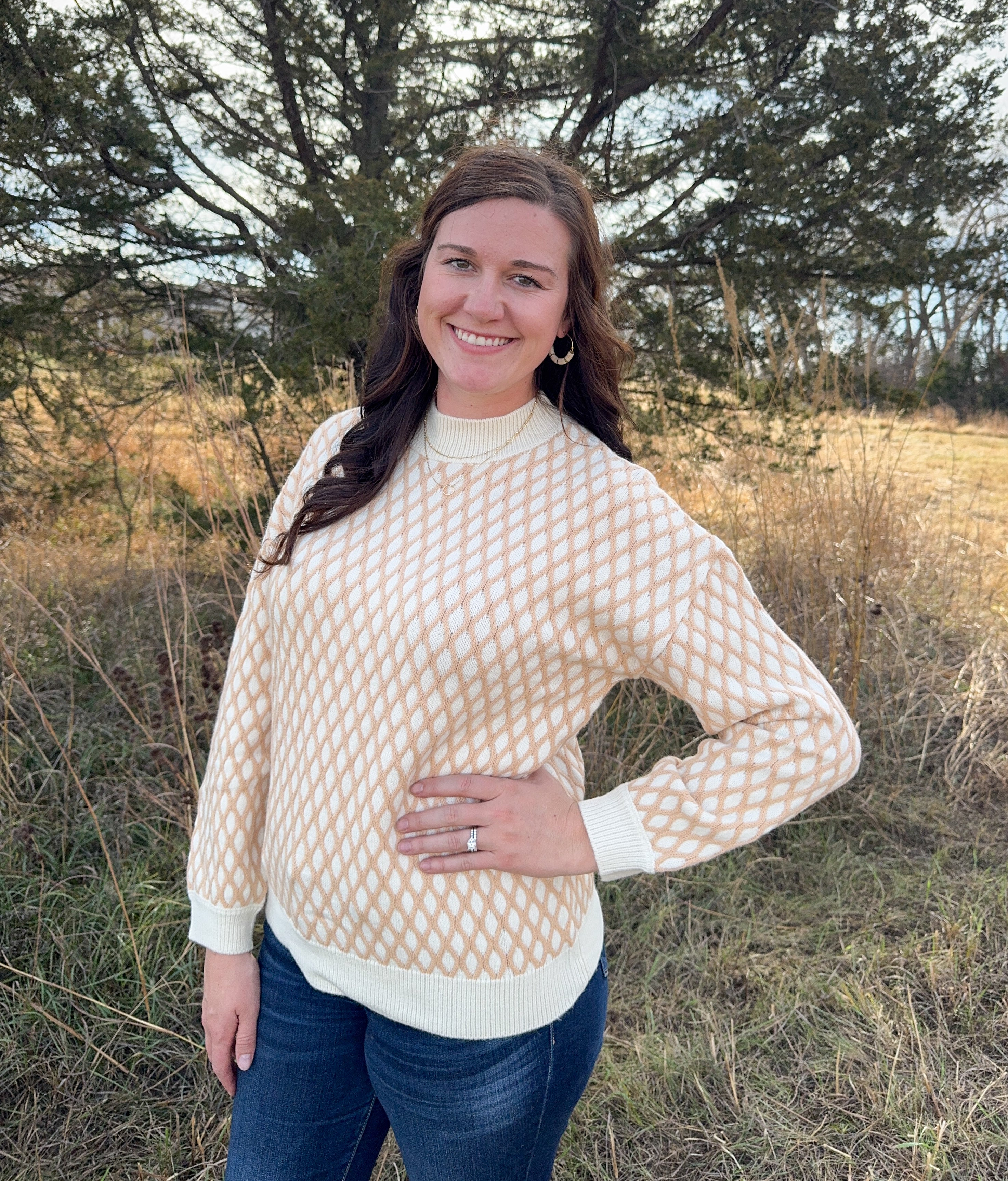 Checkered Textured Knit Mock Neck Sweater