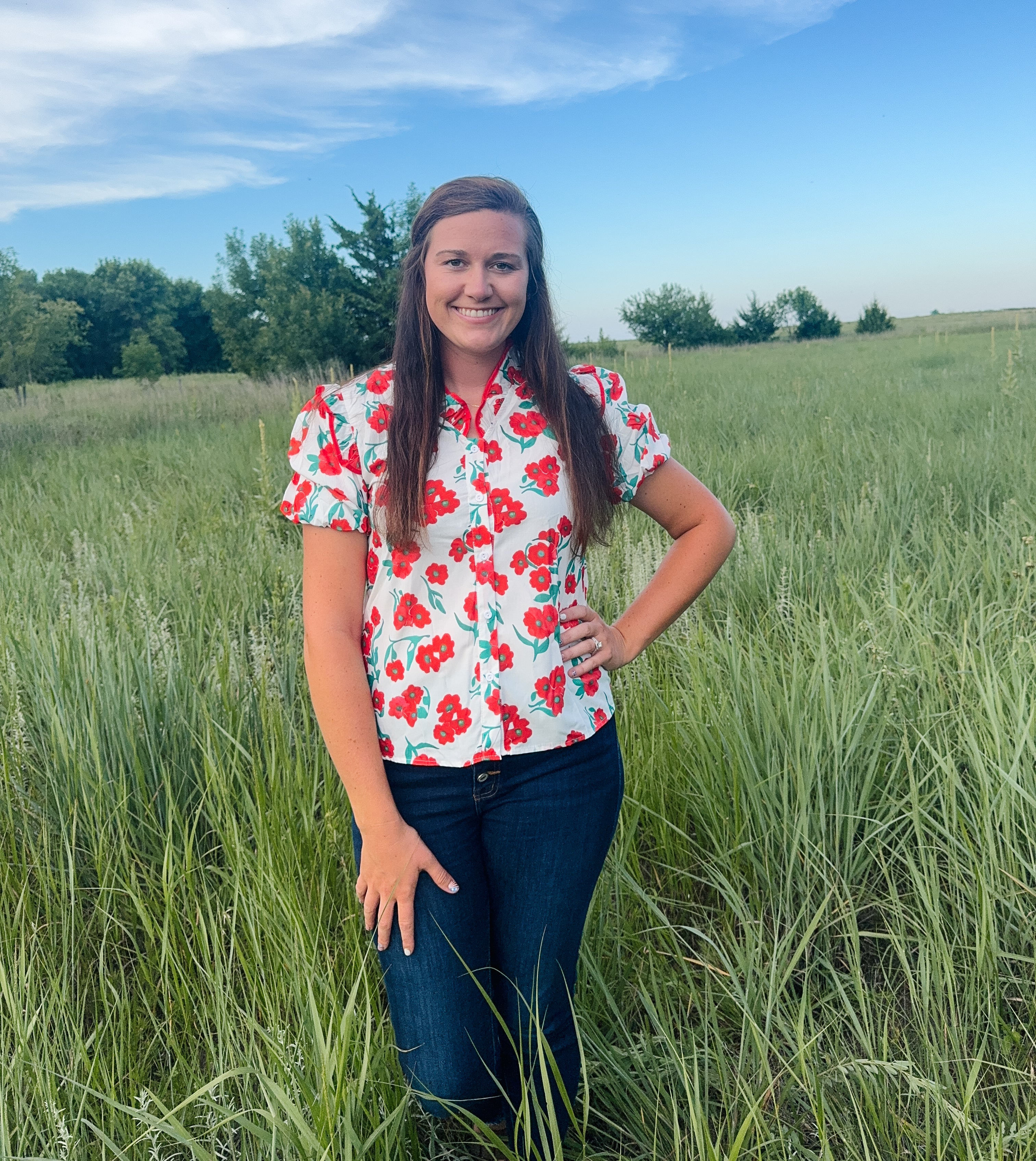 Red Floral Print Puff Sleeve Top