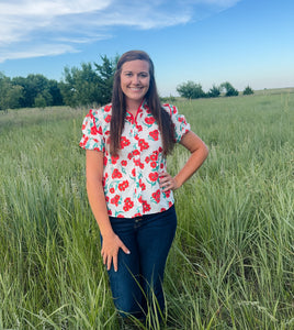 Red Floral Print Puff Sleeve Top