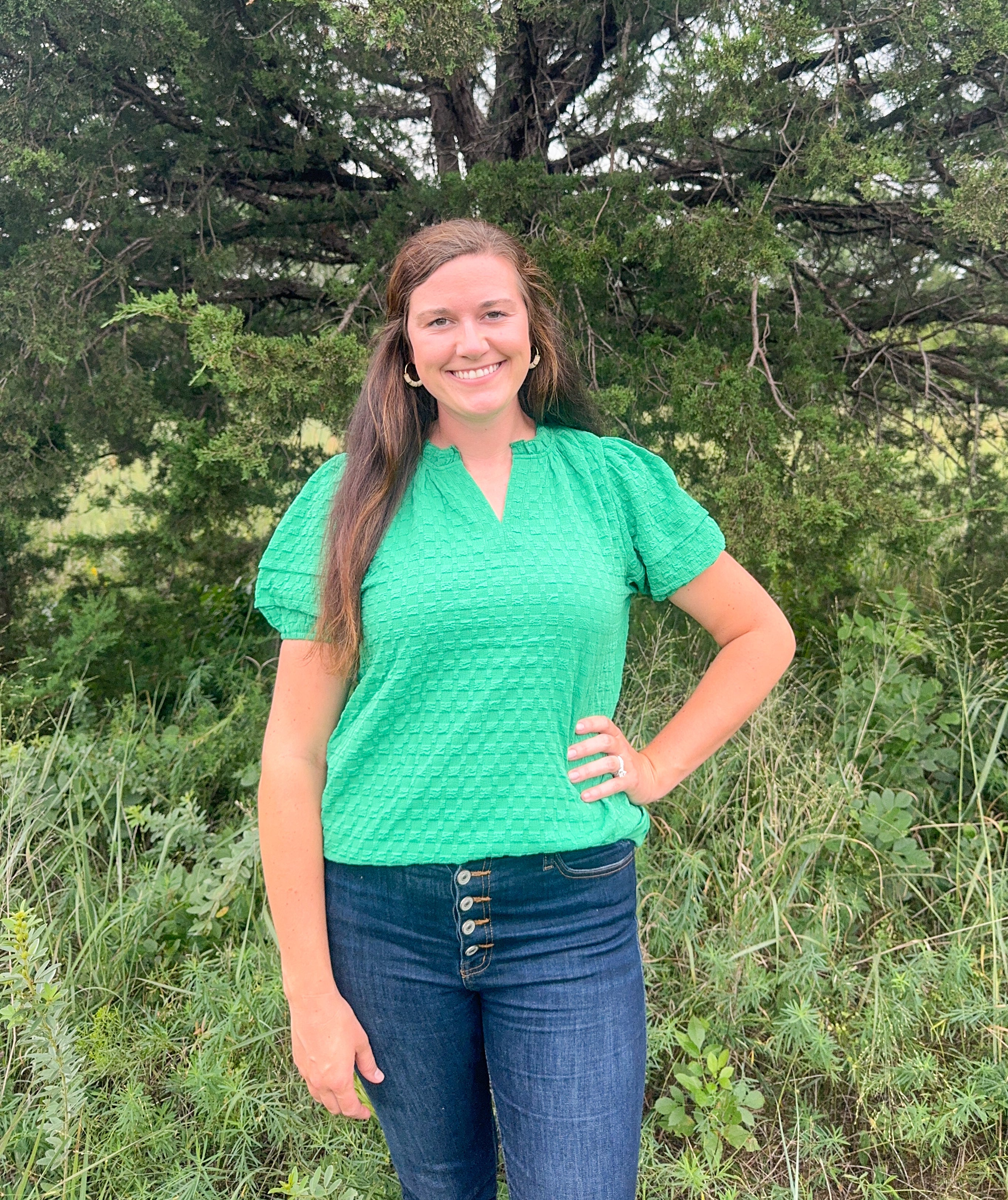 Textured Green Puff Sleeve V Neck