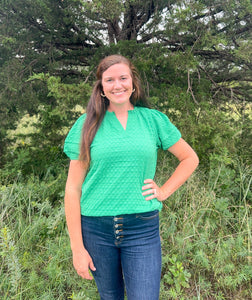Textured Green Puff Sleeve V Neck