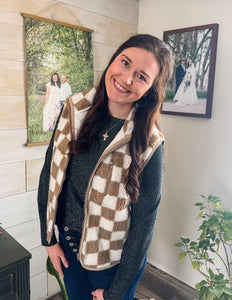 Khaki Checkered Sherpa Vest