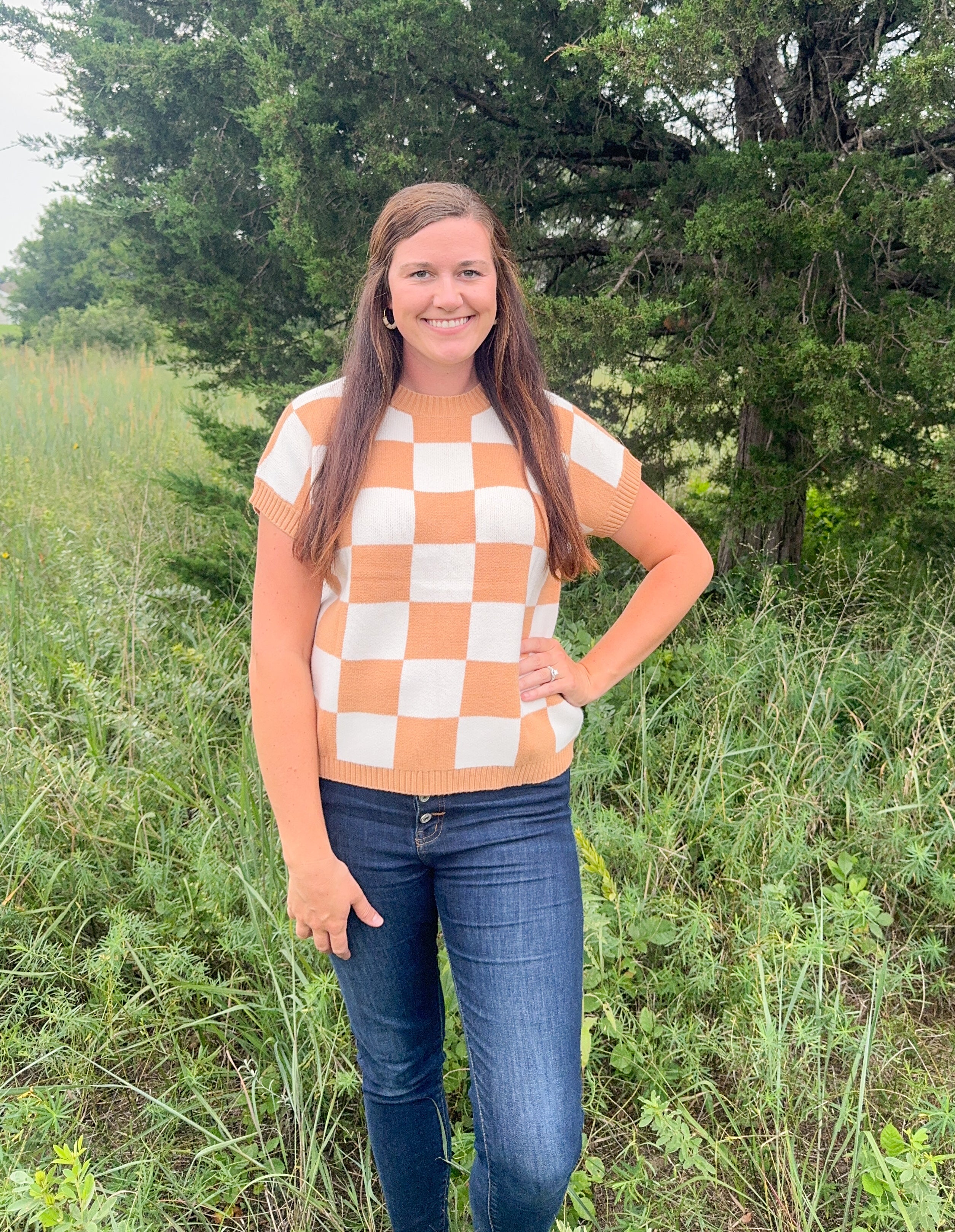 Light Beige Checkered Short Sleeve Sweater