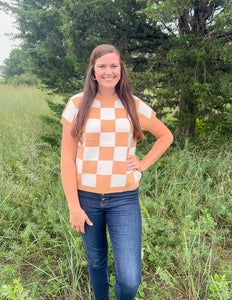 Light Beige Checkered Short Sleeve Sweater