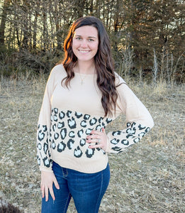 Khaki and animal print color block sweater
