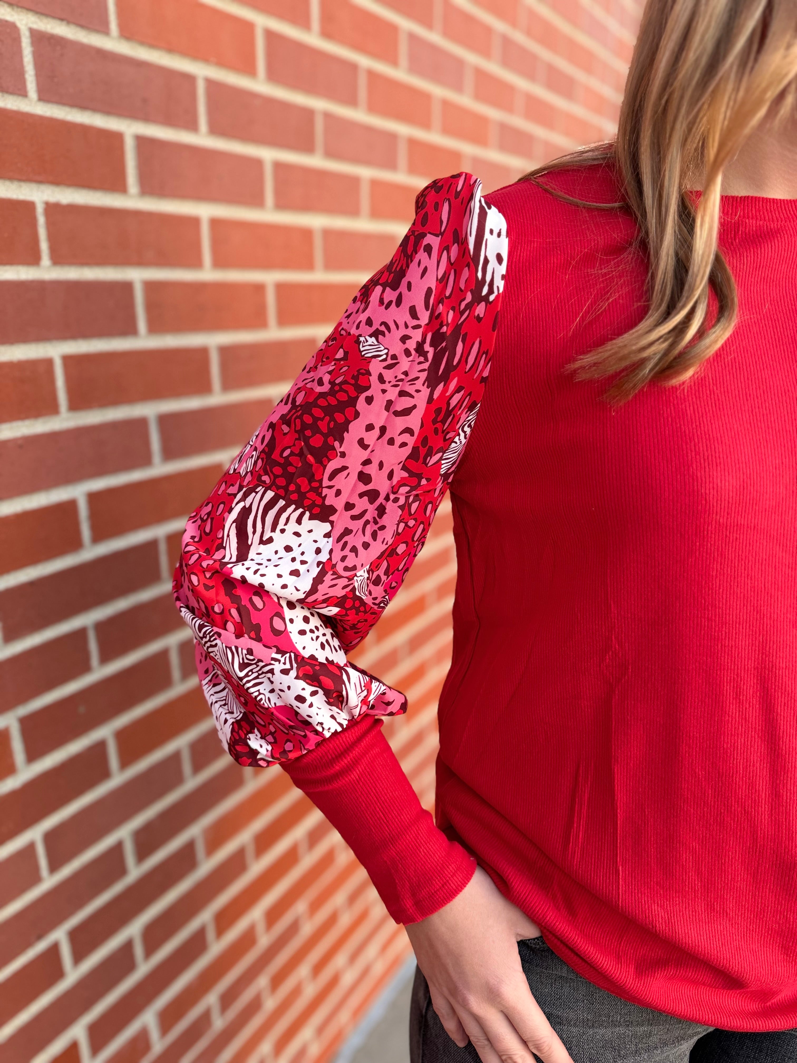 Fiery red Mixed print long sleeve top