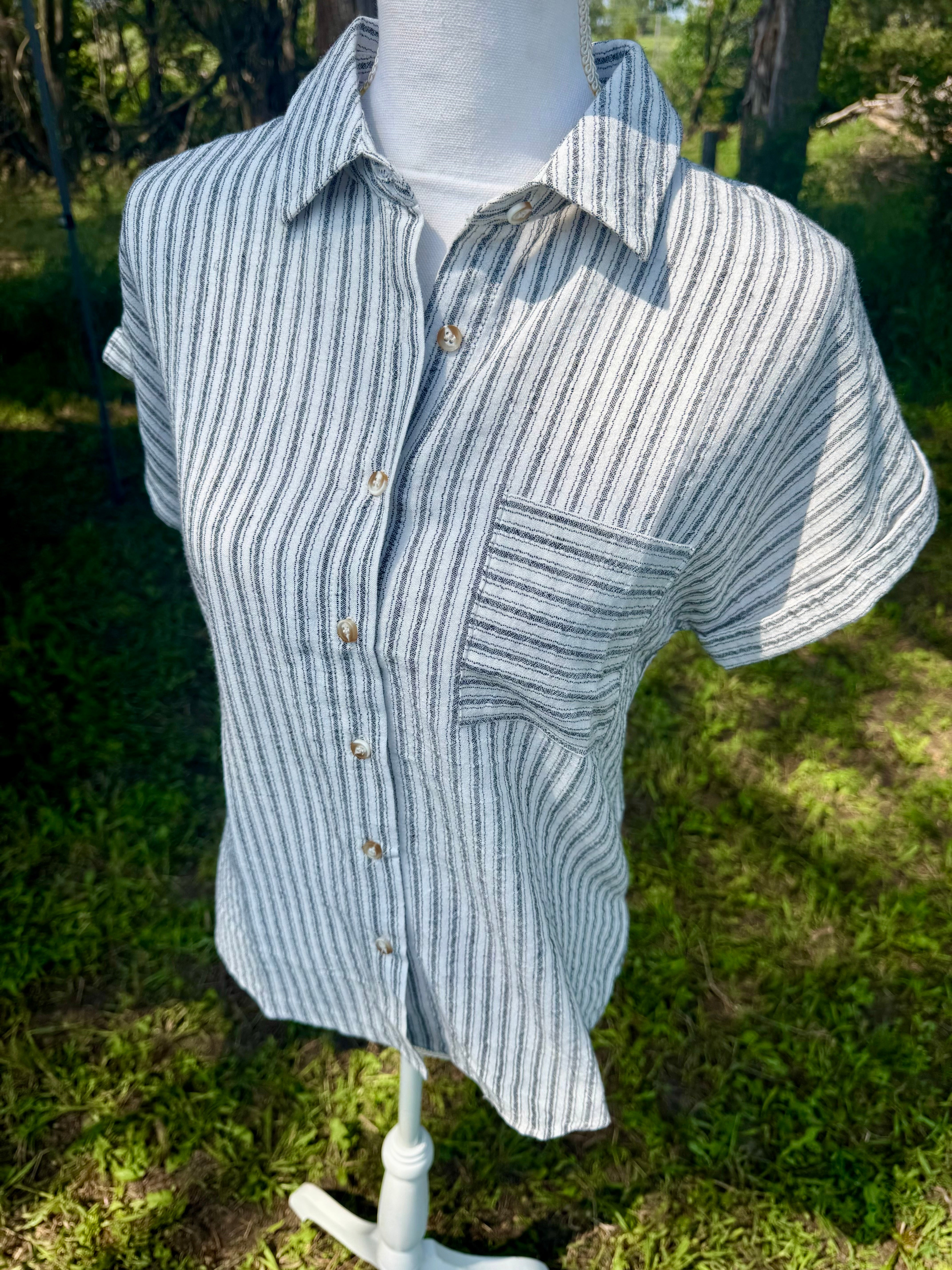 Black Striped Collared Short Sleeve Top