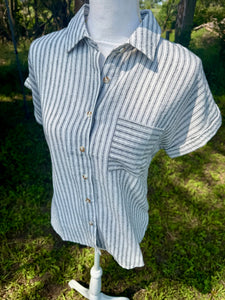 Black Striped Collared Short Sleeve Top