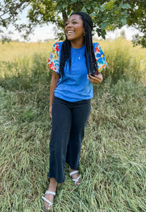 Blue Floral Print Sleeve Top