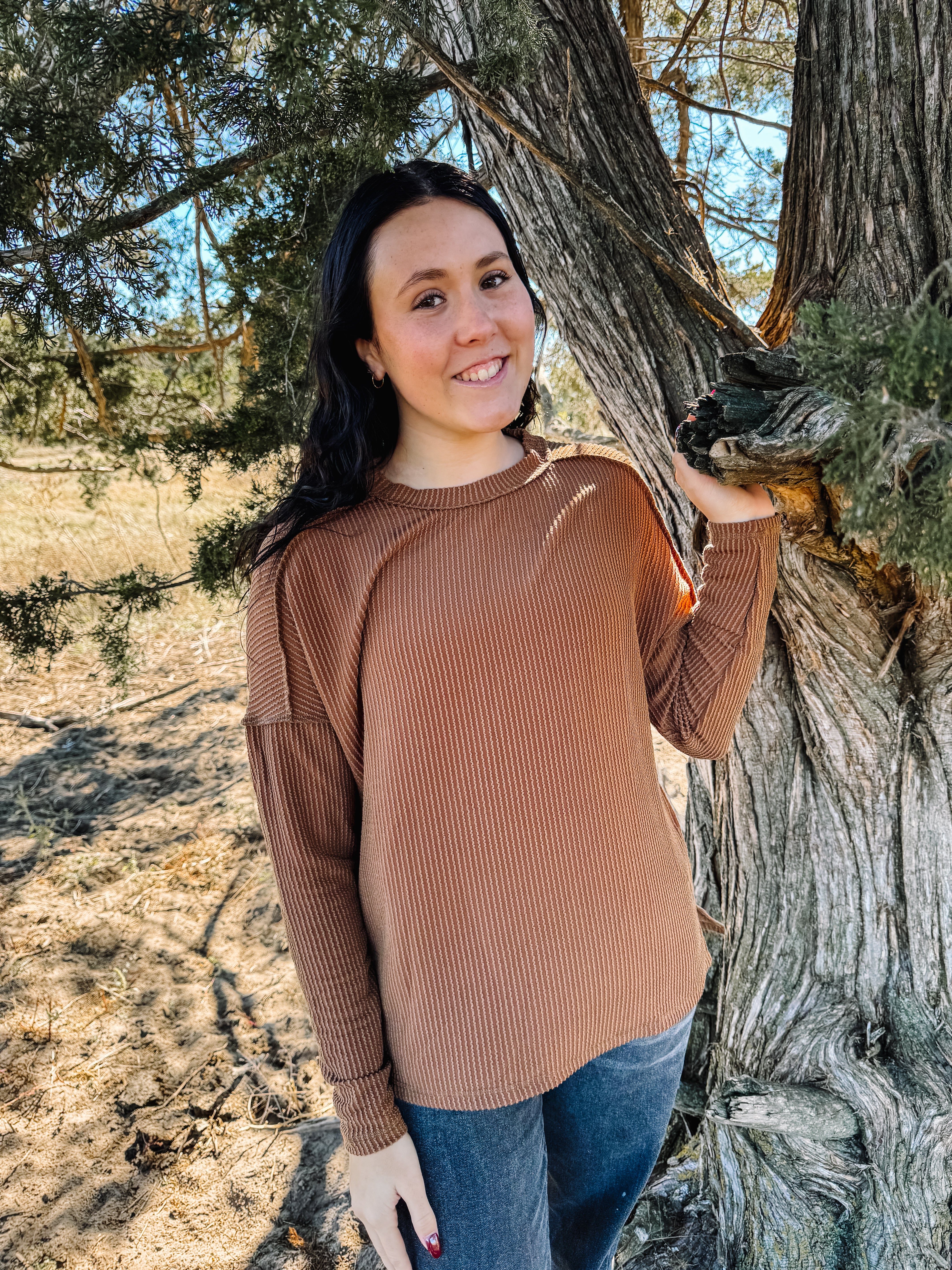 Dark Khaki Textured Ribbed Long Sleeve Top