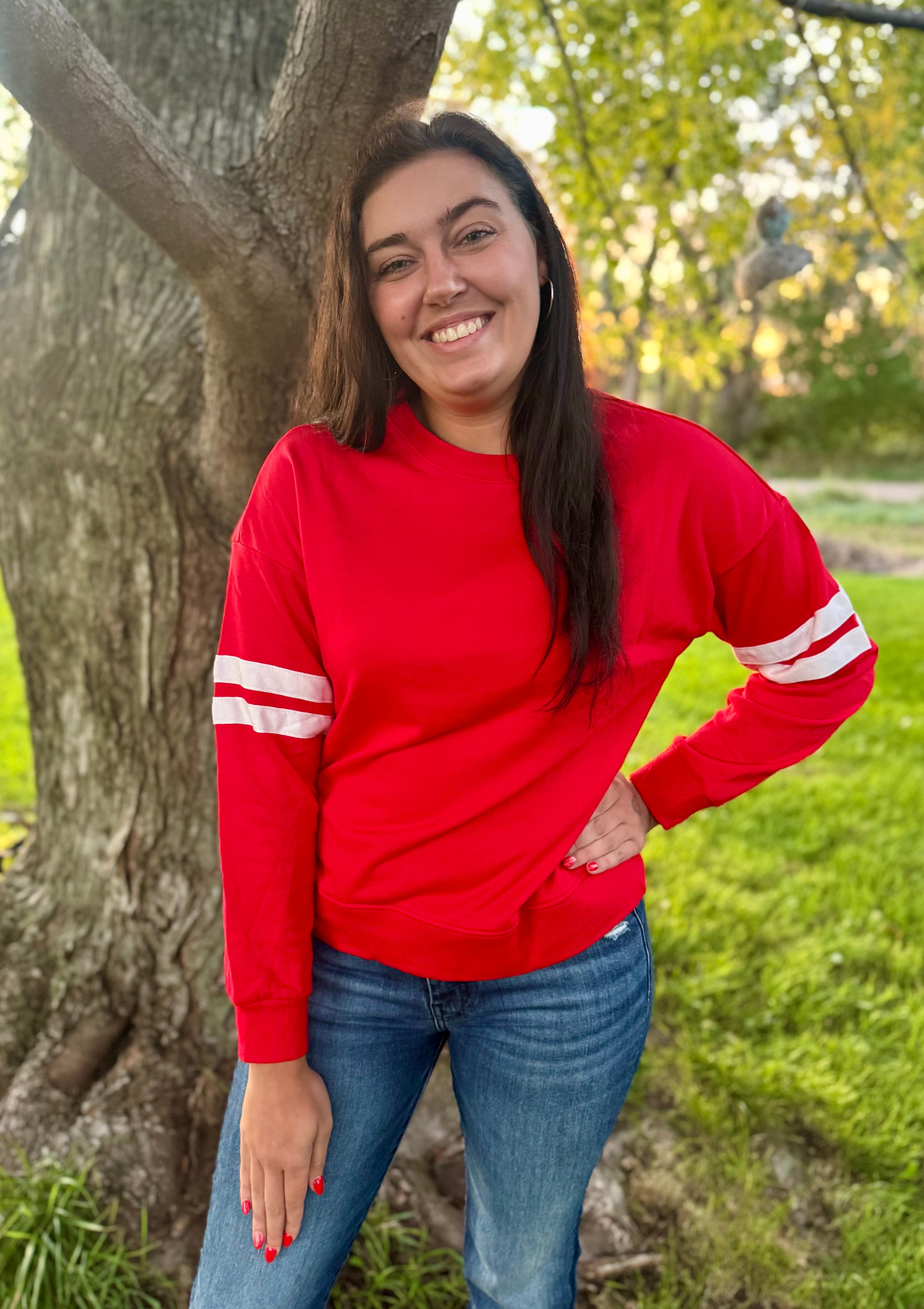 Fiery Red Striped Sleeve Long Sleeve Sweater