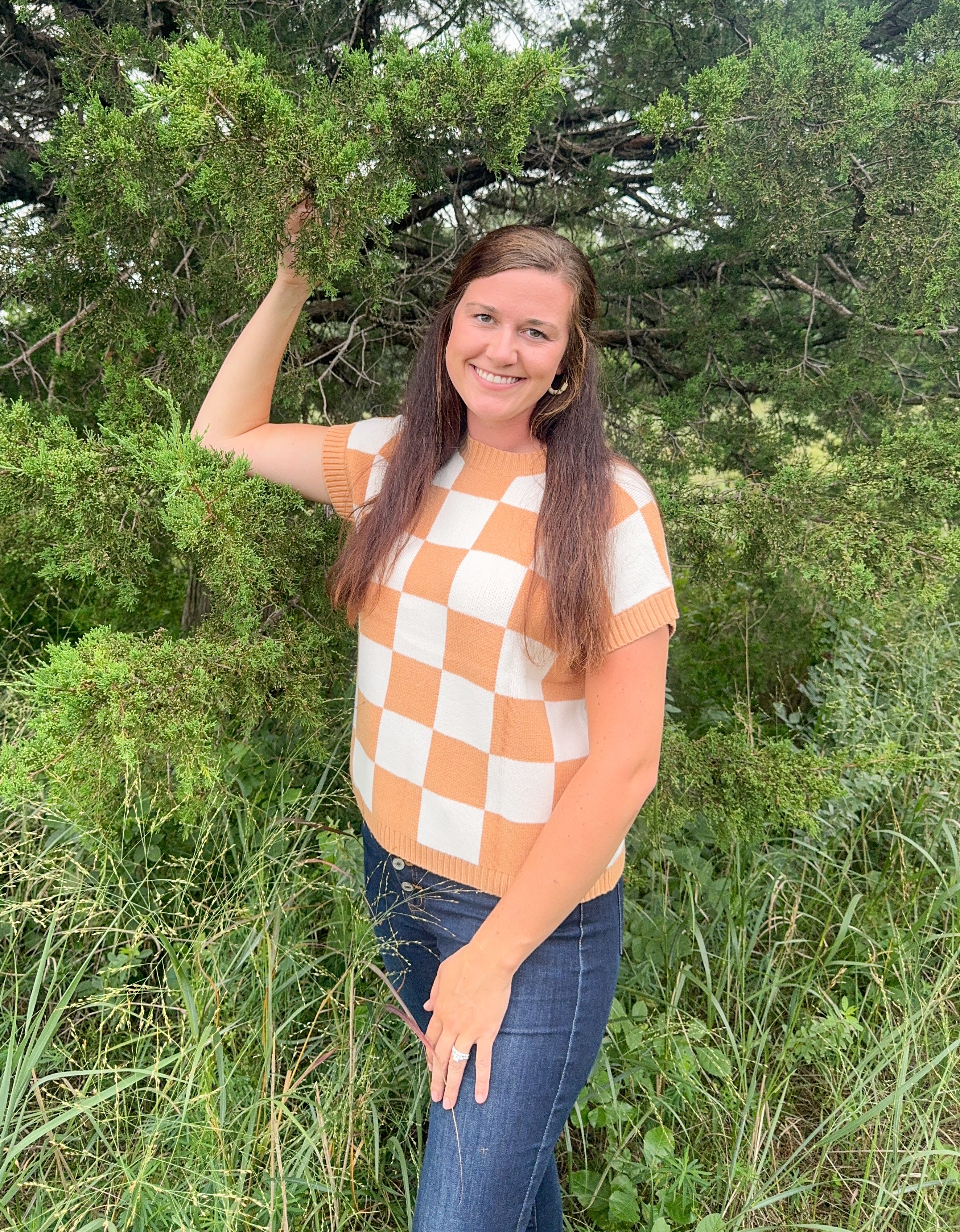 Light Beige Checkered Short Sleeve Sweater