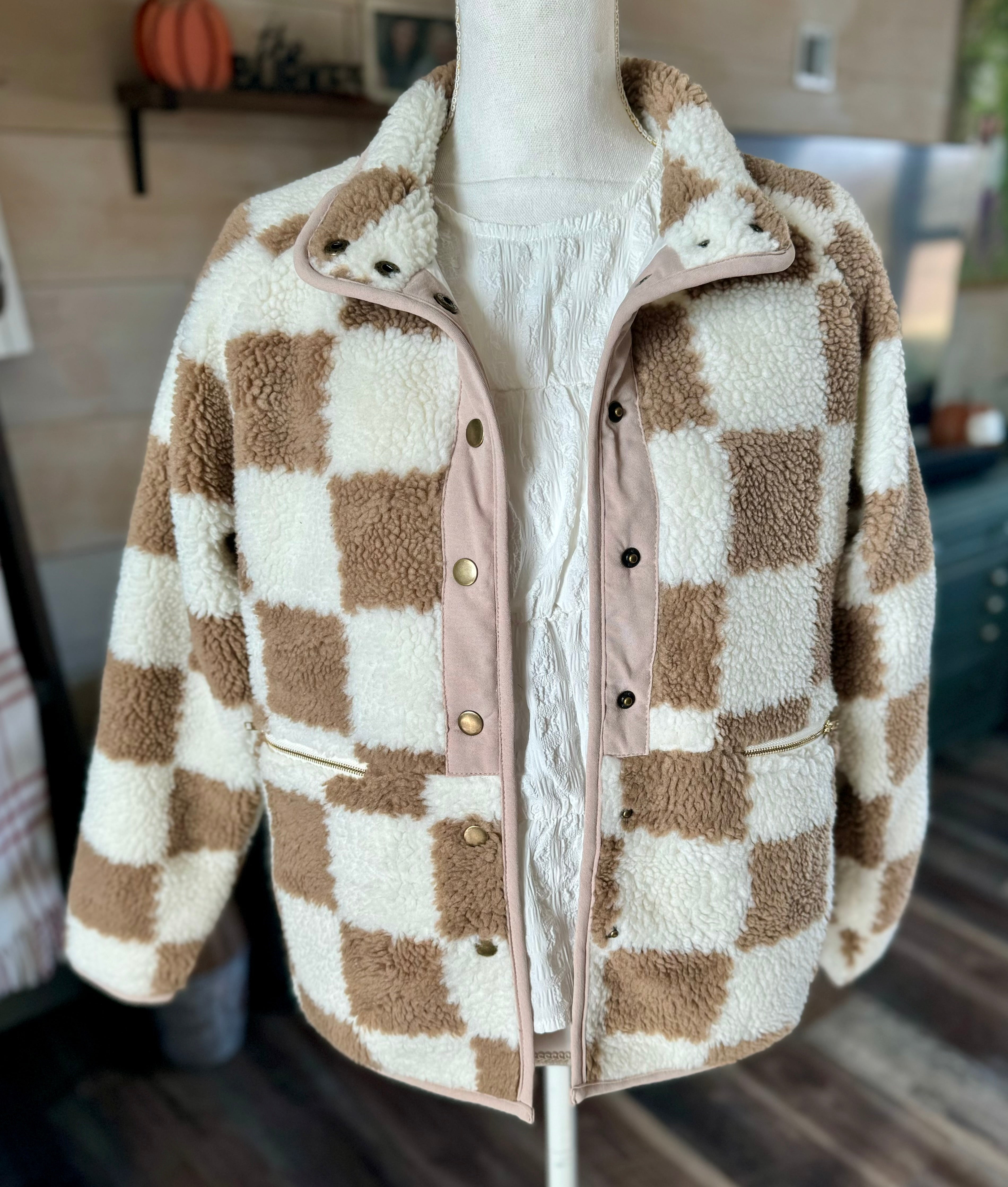 Brown Checkered Snap Button Sherpa Jacket