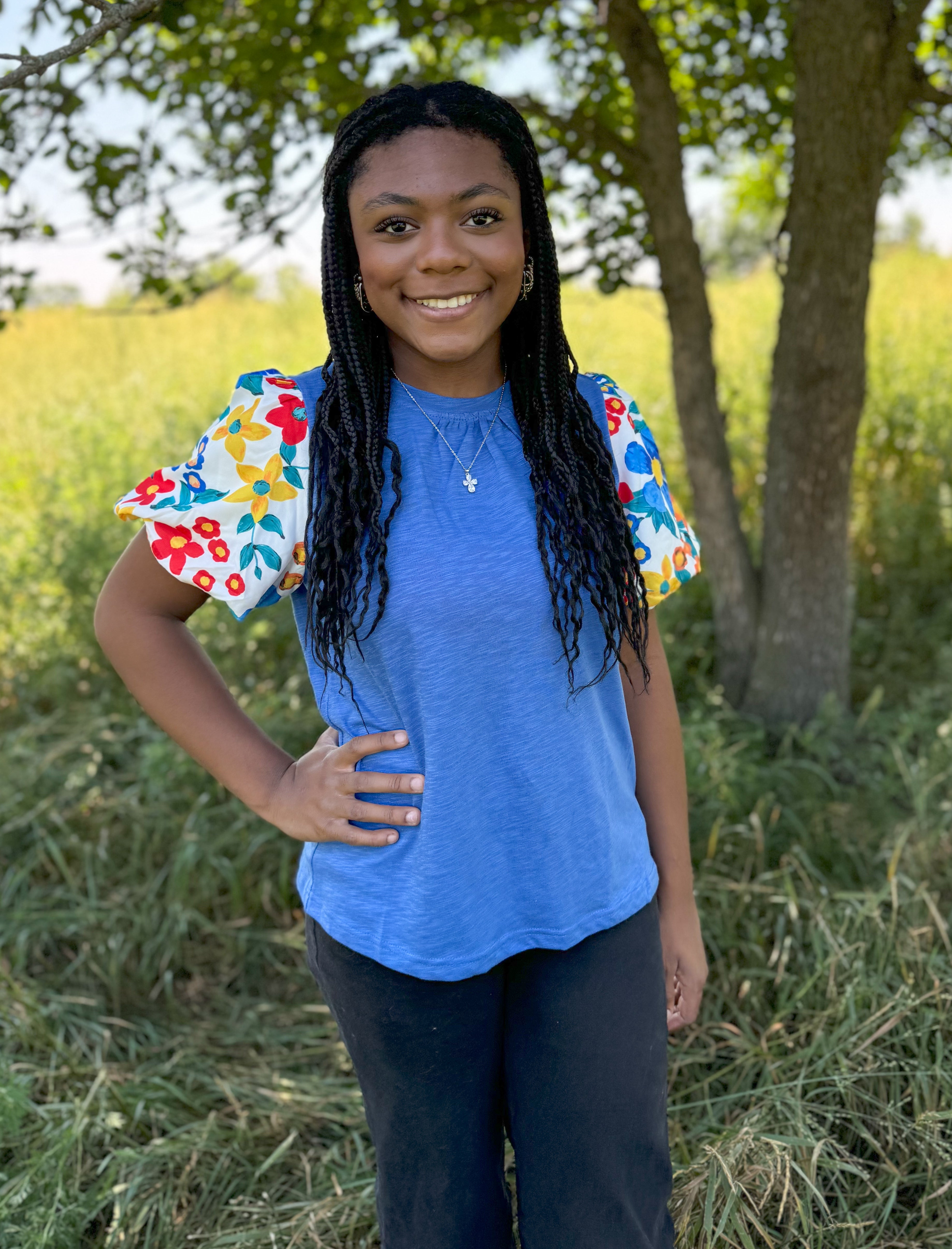 Blue Floral Print Sleeve Top