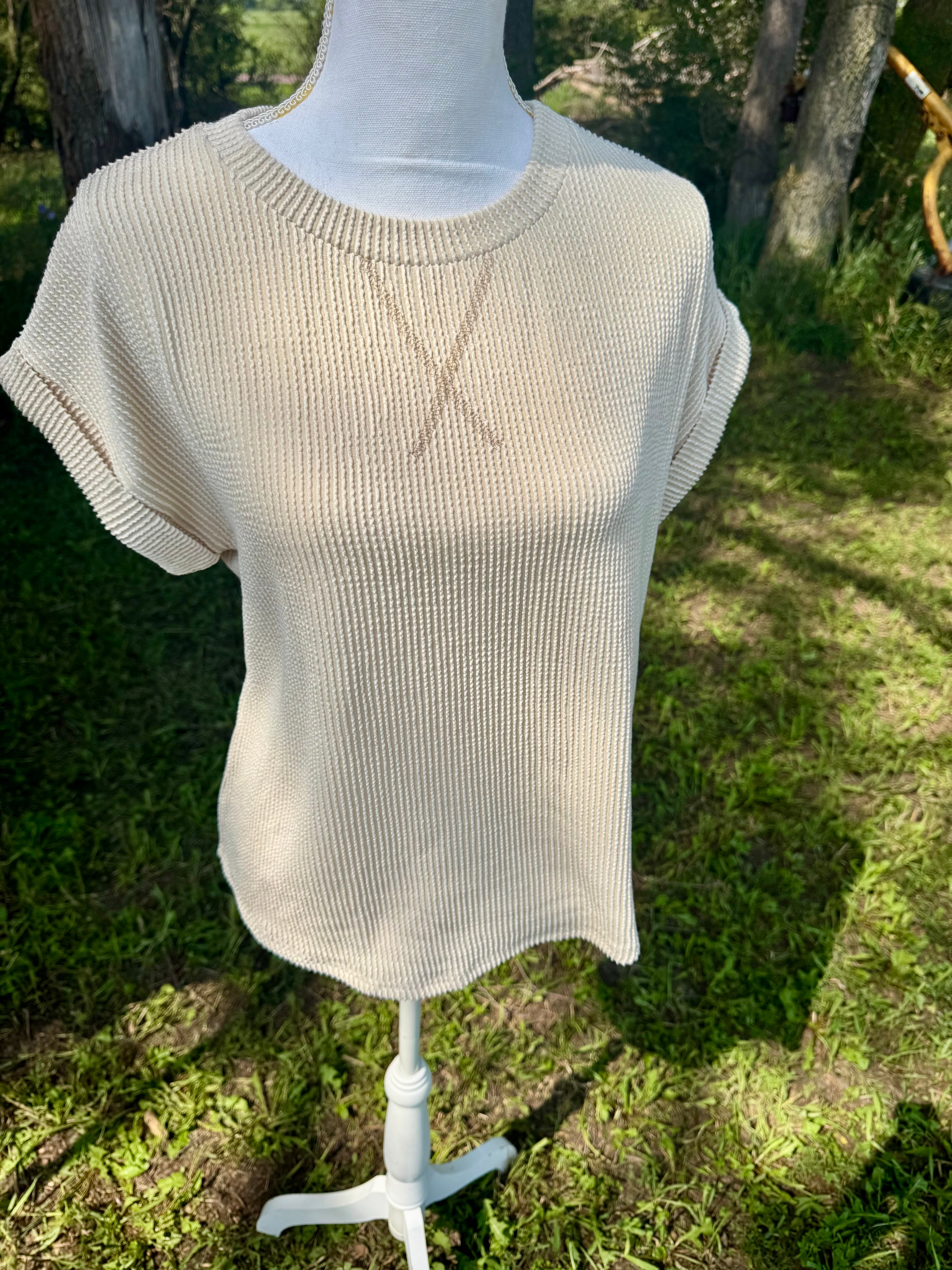 Cream ribbed short sleeve top