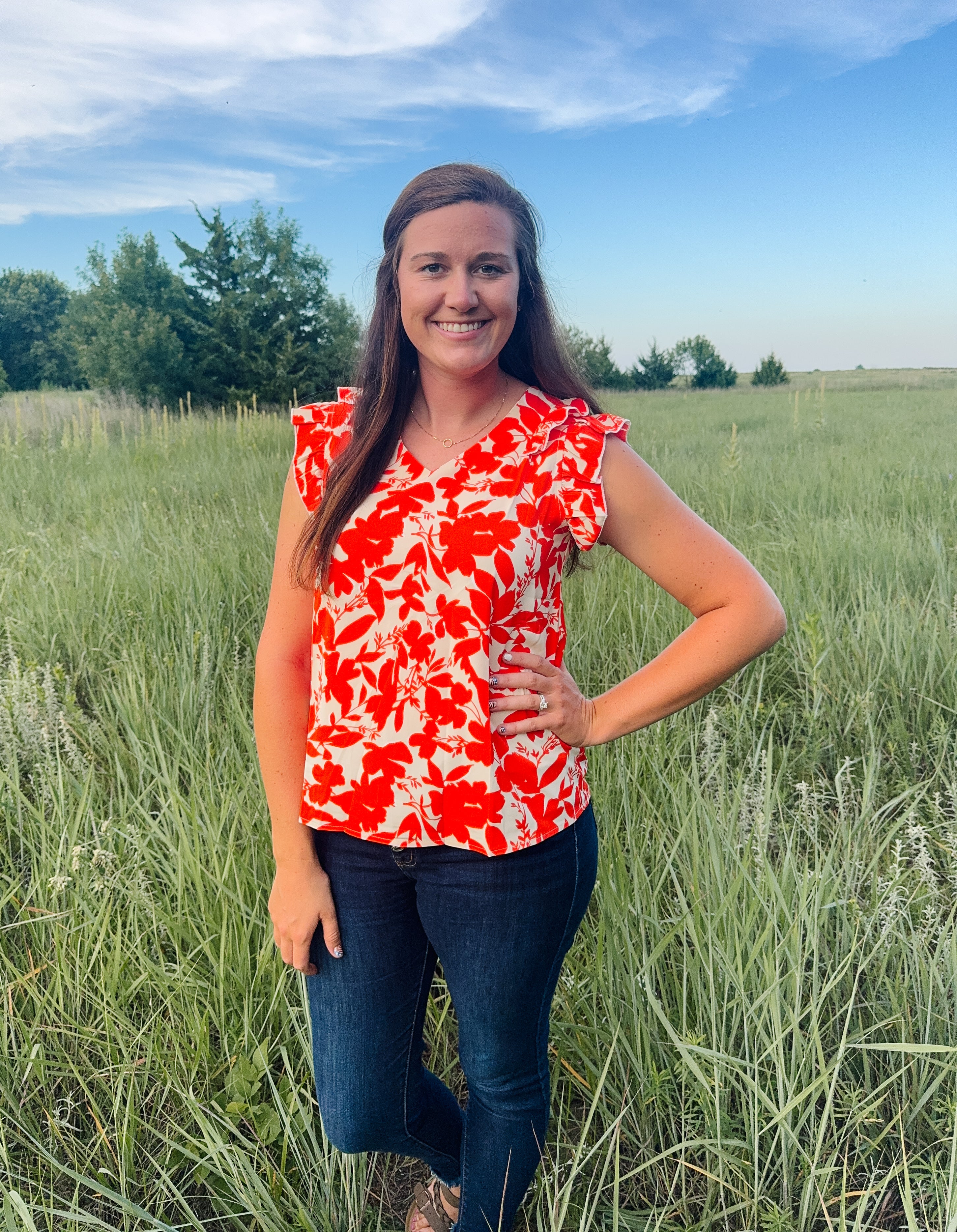 Orange Floral Print V Neck Top