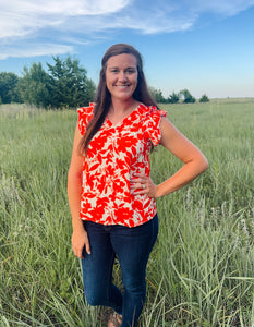 Orange Floral Print V Neck Top