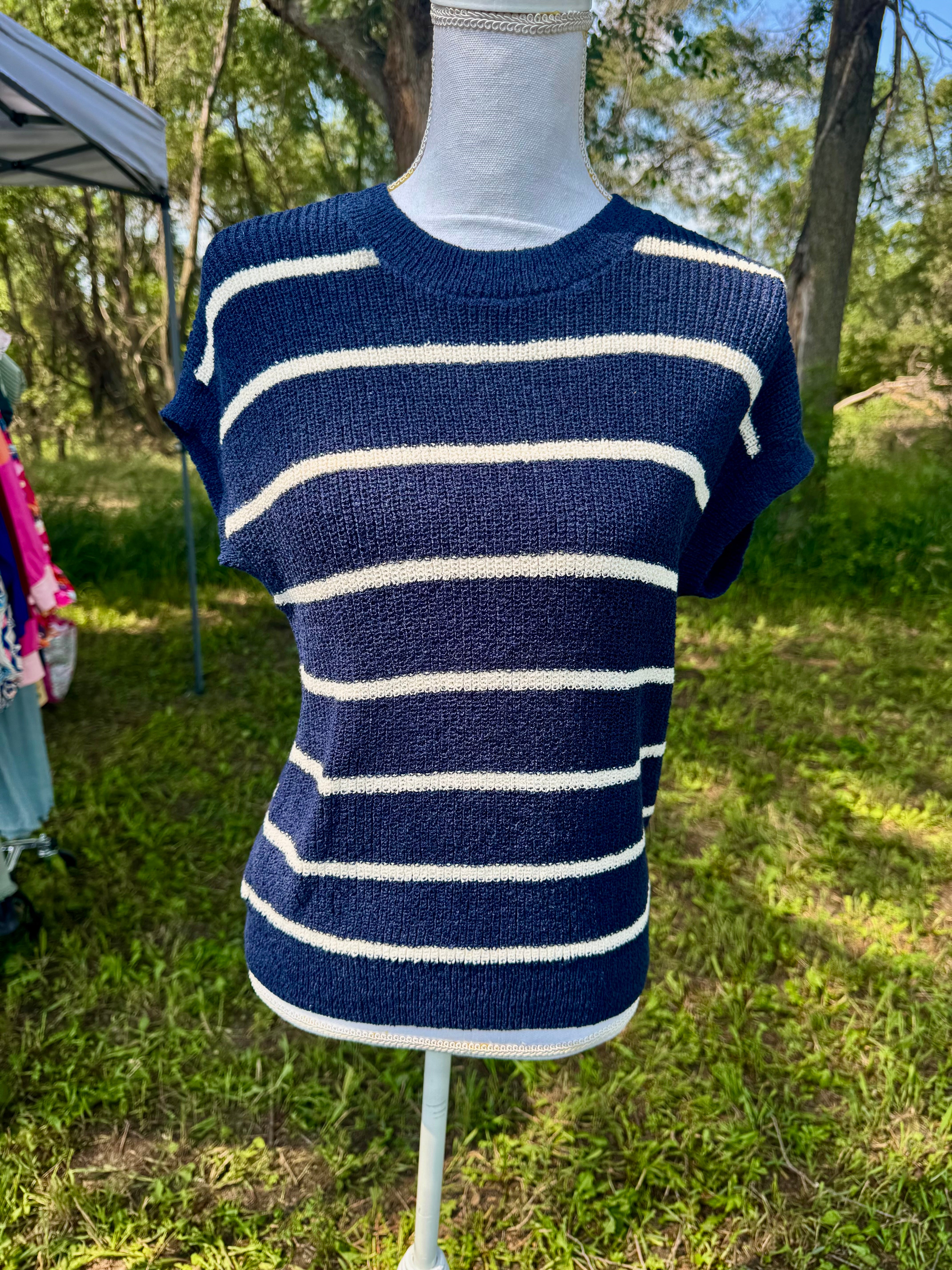 Navy Stripe Short Sleeve Sweater