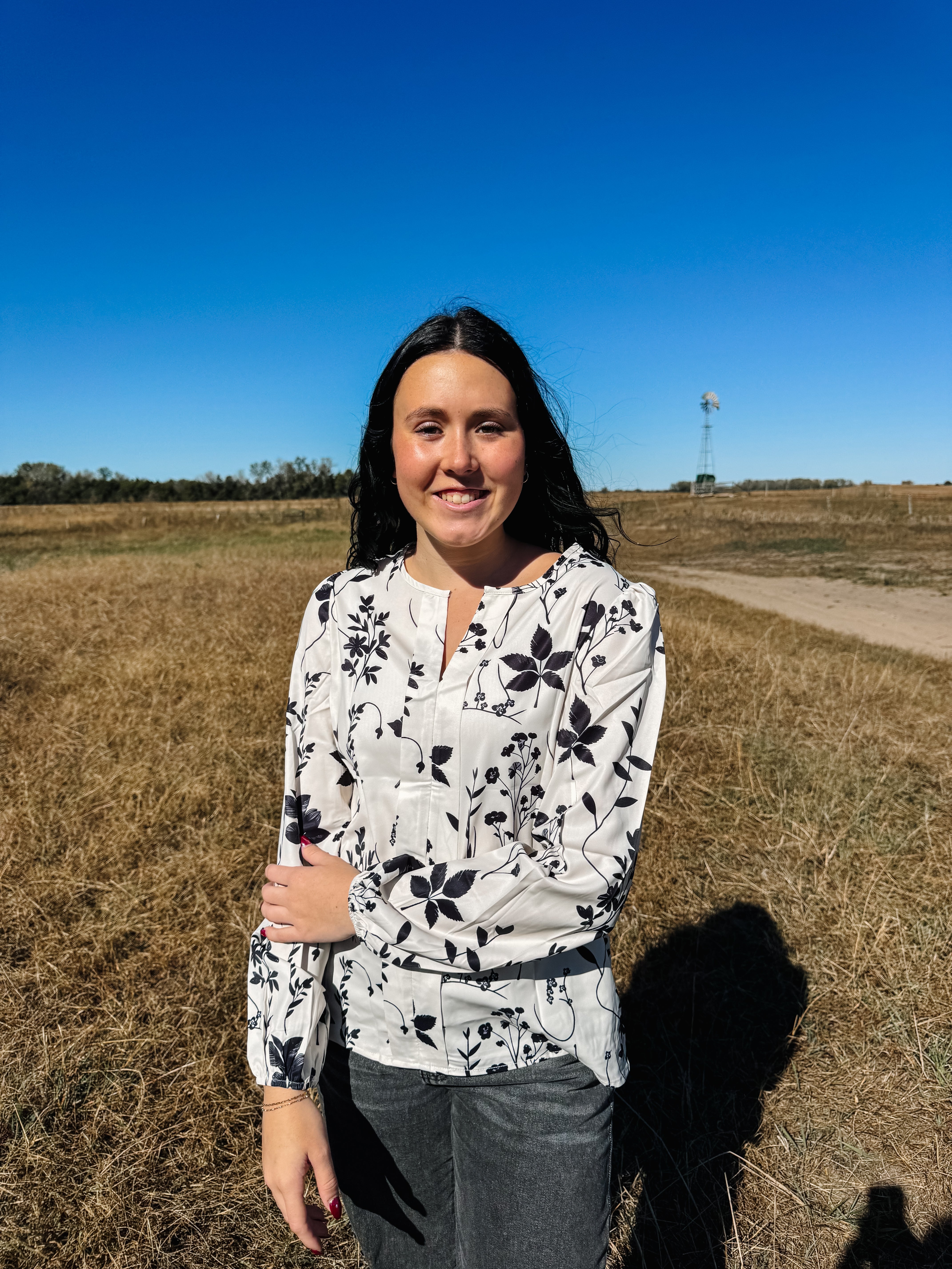 Khaki & Black Floral Print Split V Neck Blouse