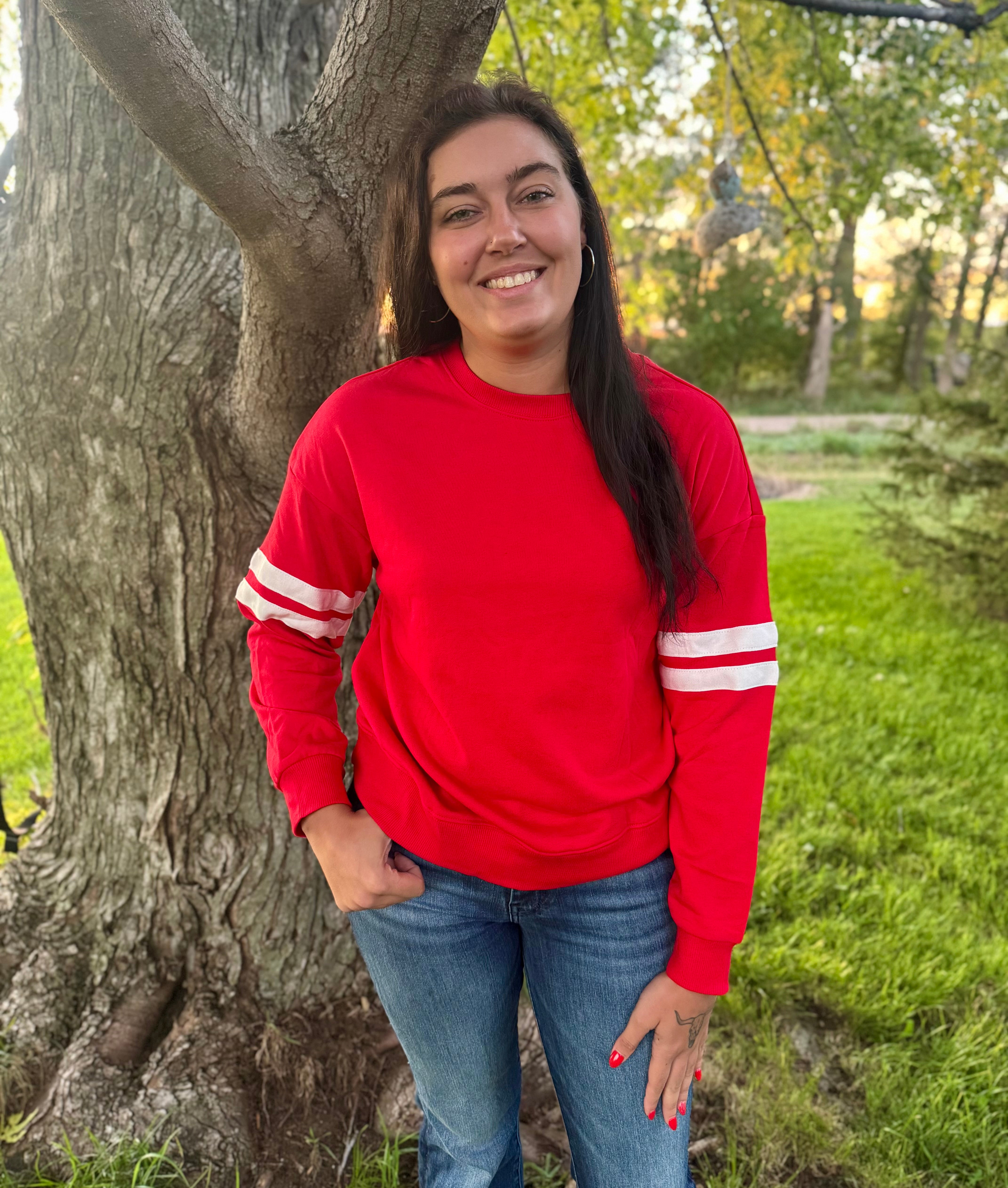 Fiery Red Striped Sleeve Long Sleeve Sweater