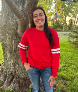 Fiery Red Striped Sleeve Long Sleeve Sweater