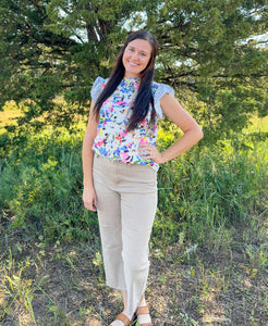 Lt Blue Floral Print Ruffle Sleeve Top