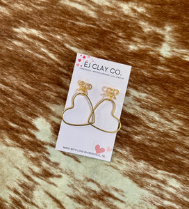 18k gold bow dangle heart earrings