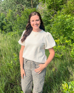 Oatmeal Solid Color Textured Puff Sleeve Top