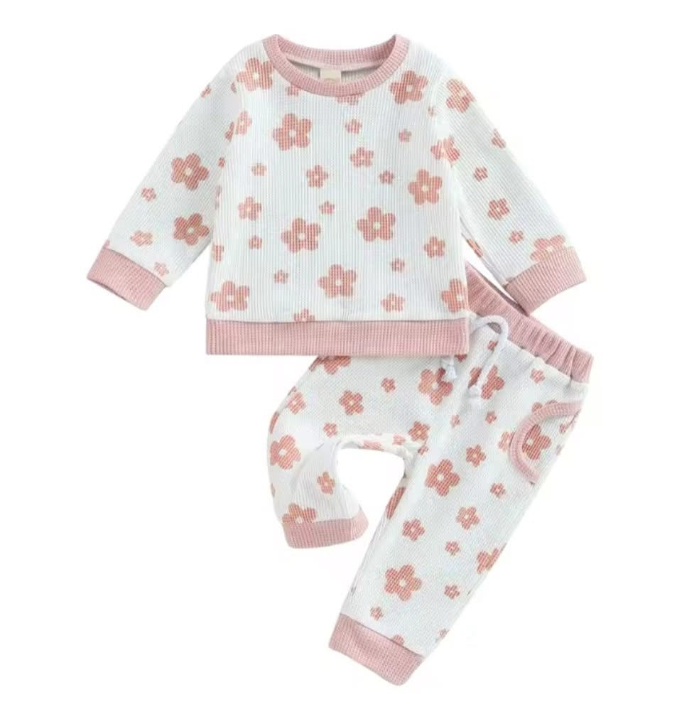 White and Pink kids waffle knit flower lounge set