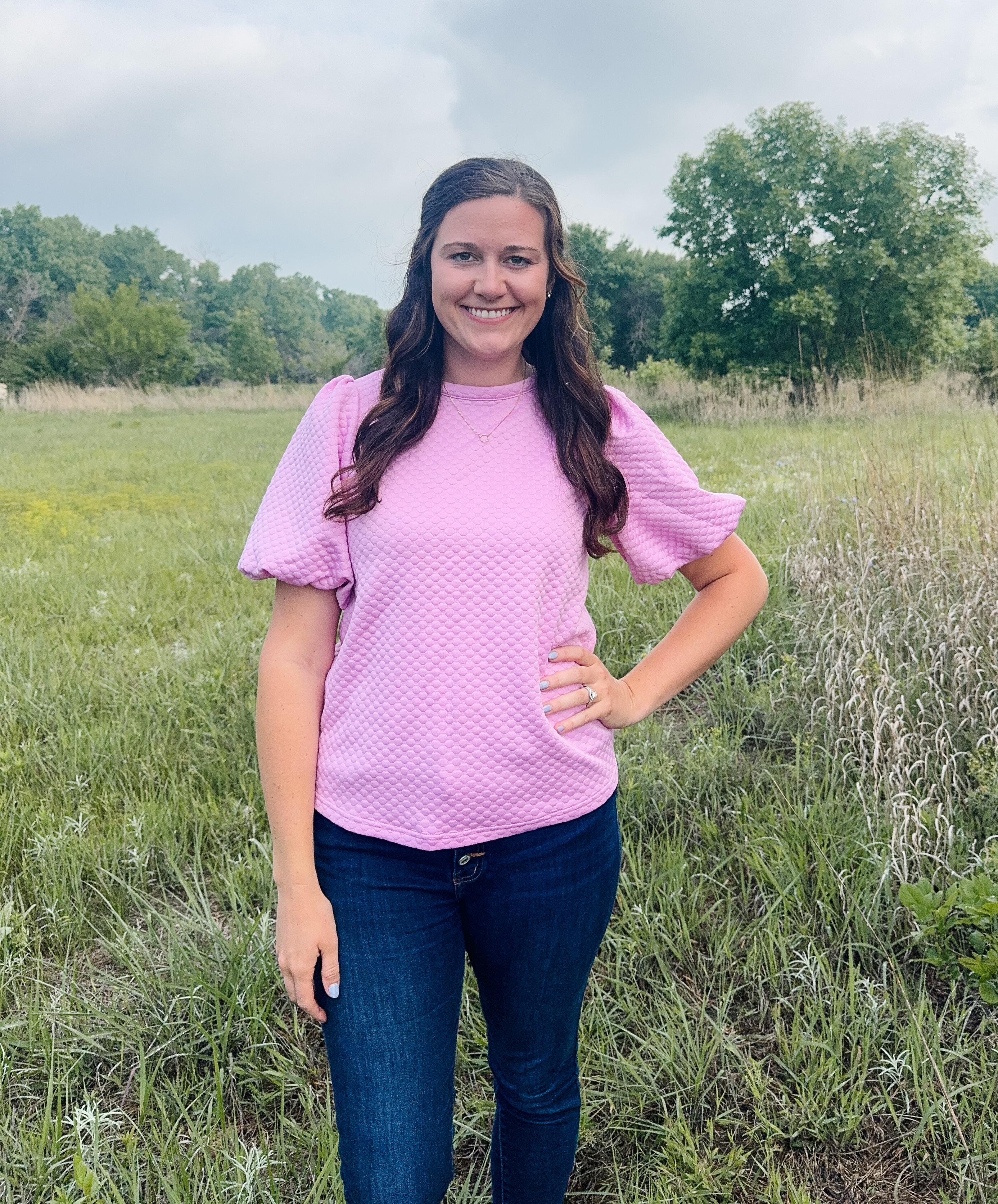 Purple Solid Textured Puff Sleeve Top
